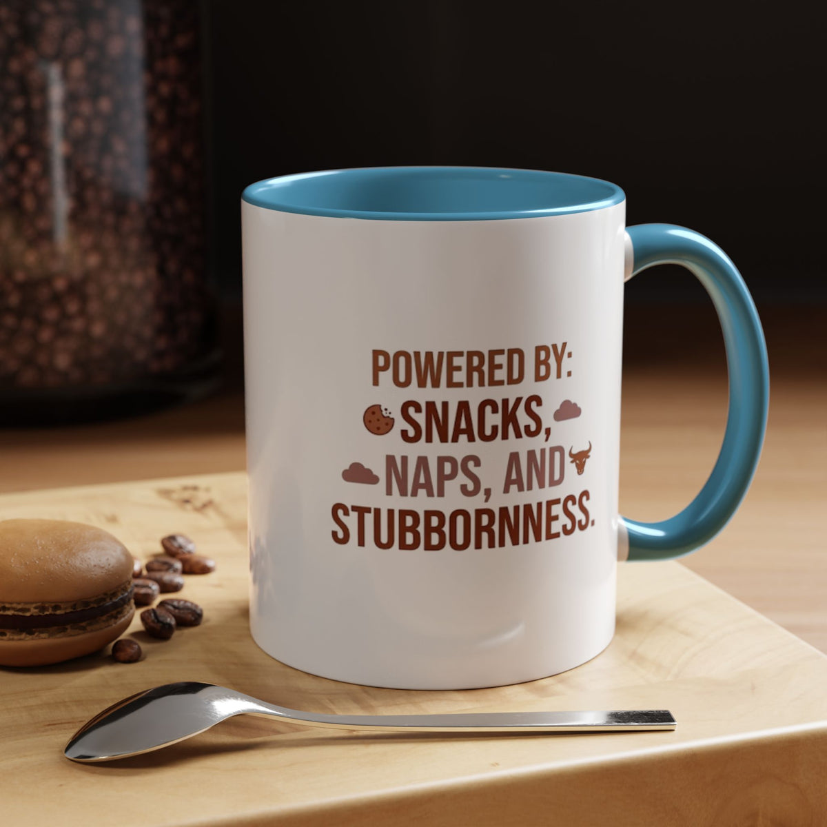 Taurus Coffee Mug - "Powered by Snacks, Naps, and Stubbornness" Accent Ceramic Mug