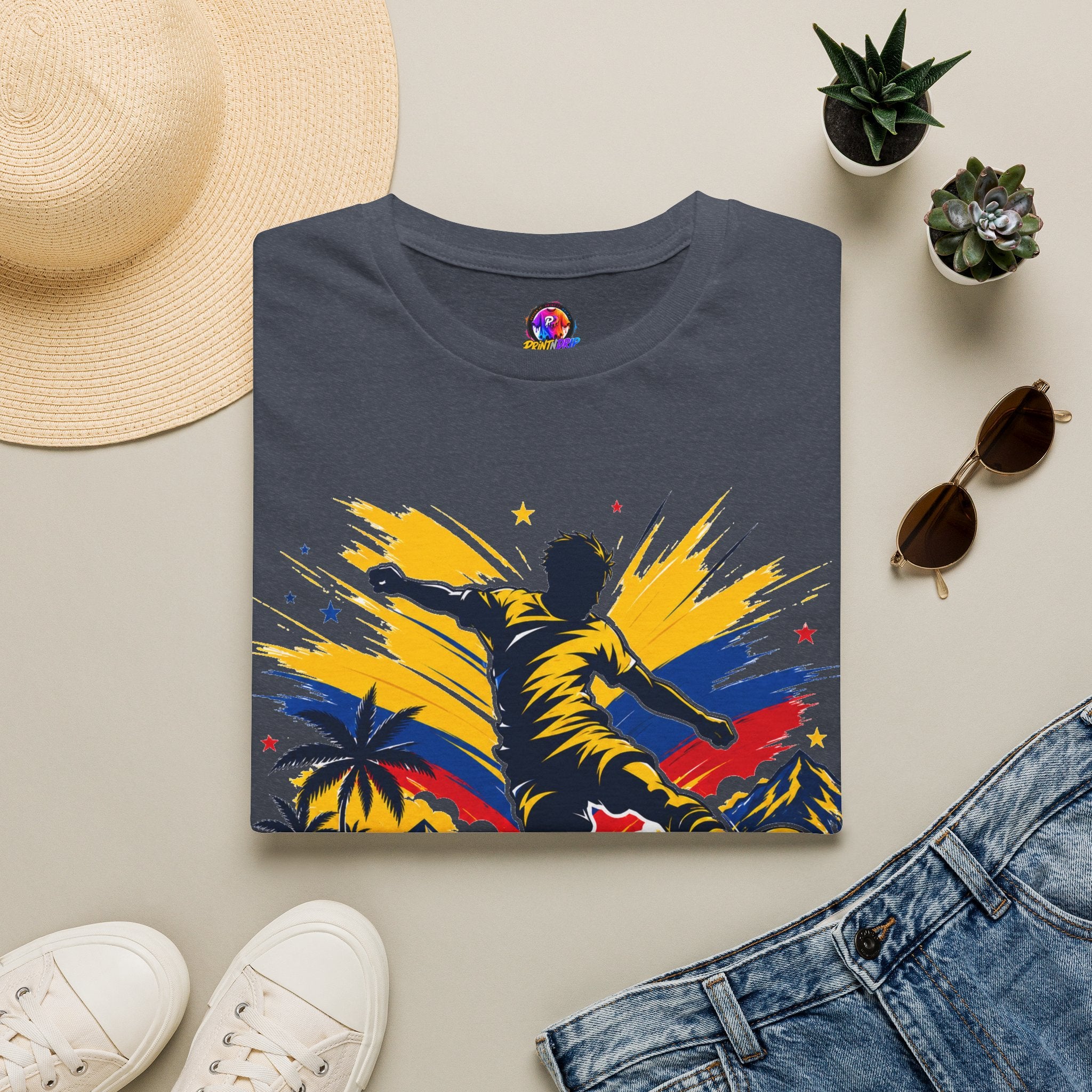 Columbia Soccer Player Graphic T-Shirt — "Golden Rhythm" Vibrant Beach Soccer Tee