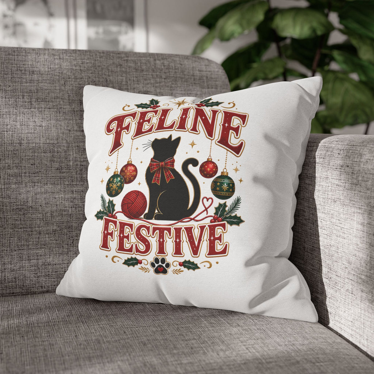 Feline Festive Christmas Pillowcase — Christmas Cat Decorative Throw Pillow Cover