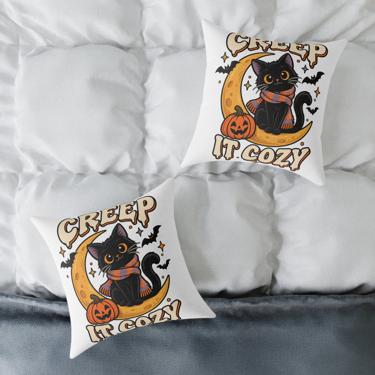 Halloween Cat Pillow — "Creep It Cozy" Decorative Square Throw Pillow