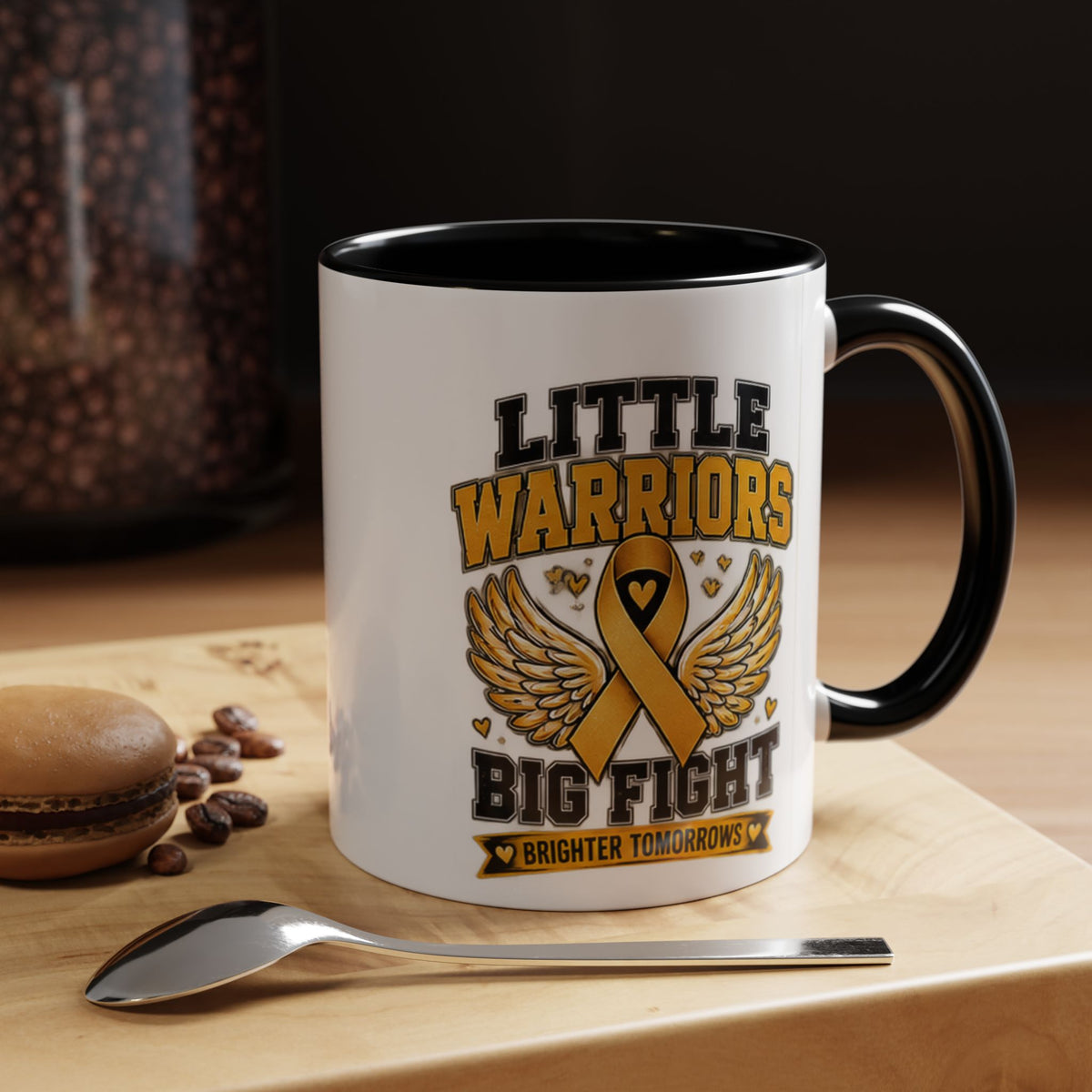 Little Warriors Big Fight Childhood Cancer Awareness Coffee Mug — Gold Ribbon Support Accent Mug