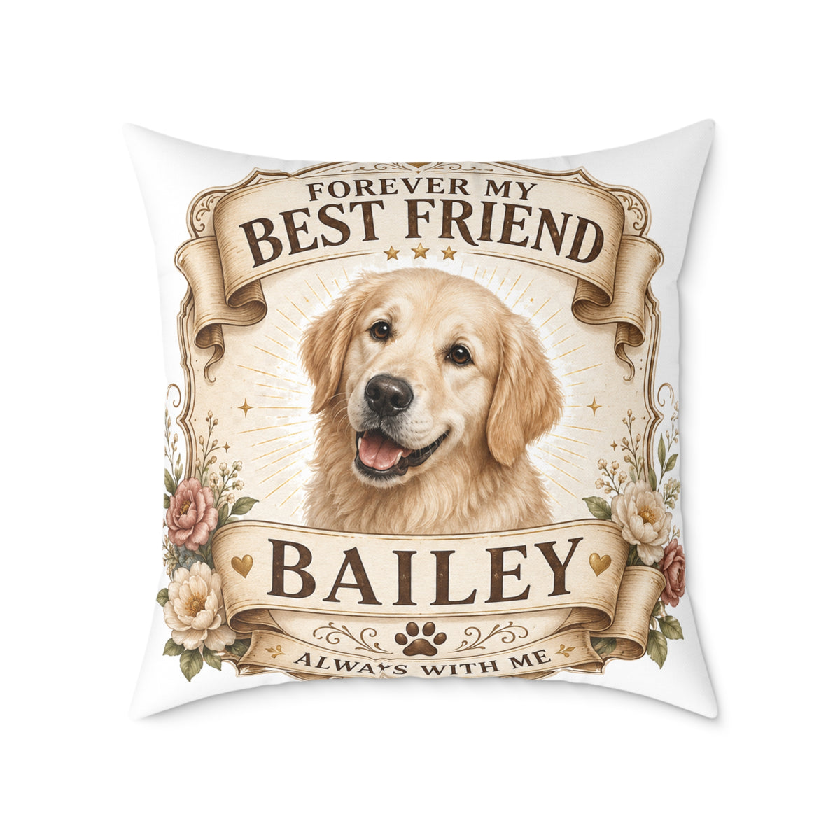 Forever My Best Friend Personalized Dog Milo Bailey Dog Dad Mom Pillow — Golden Retriever Name Cushion (Bailey)