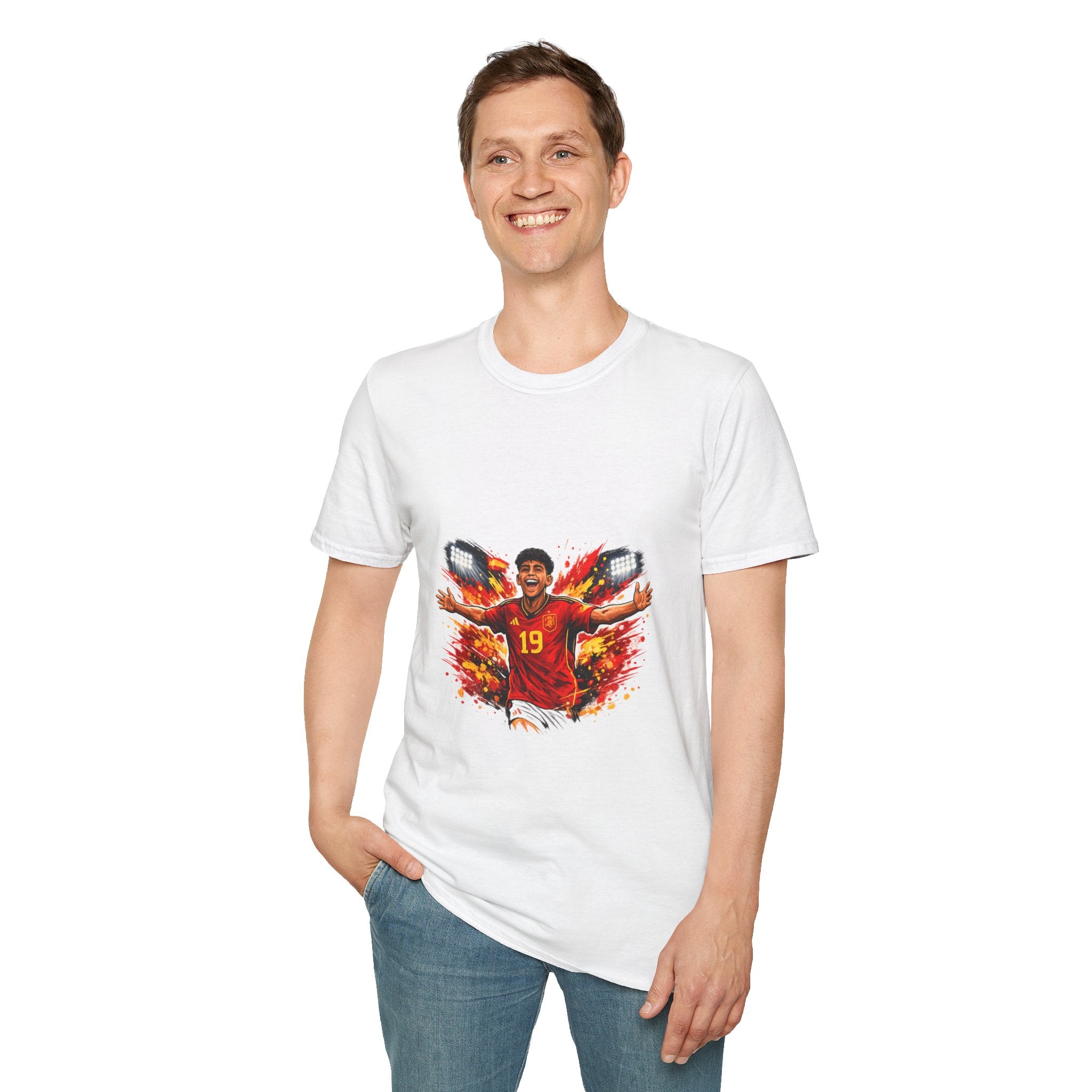 Spain Soccer Fan Portrait T‑Shirt – Fiery Goal Celebration Design