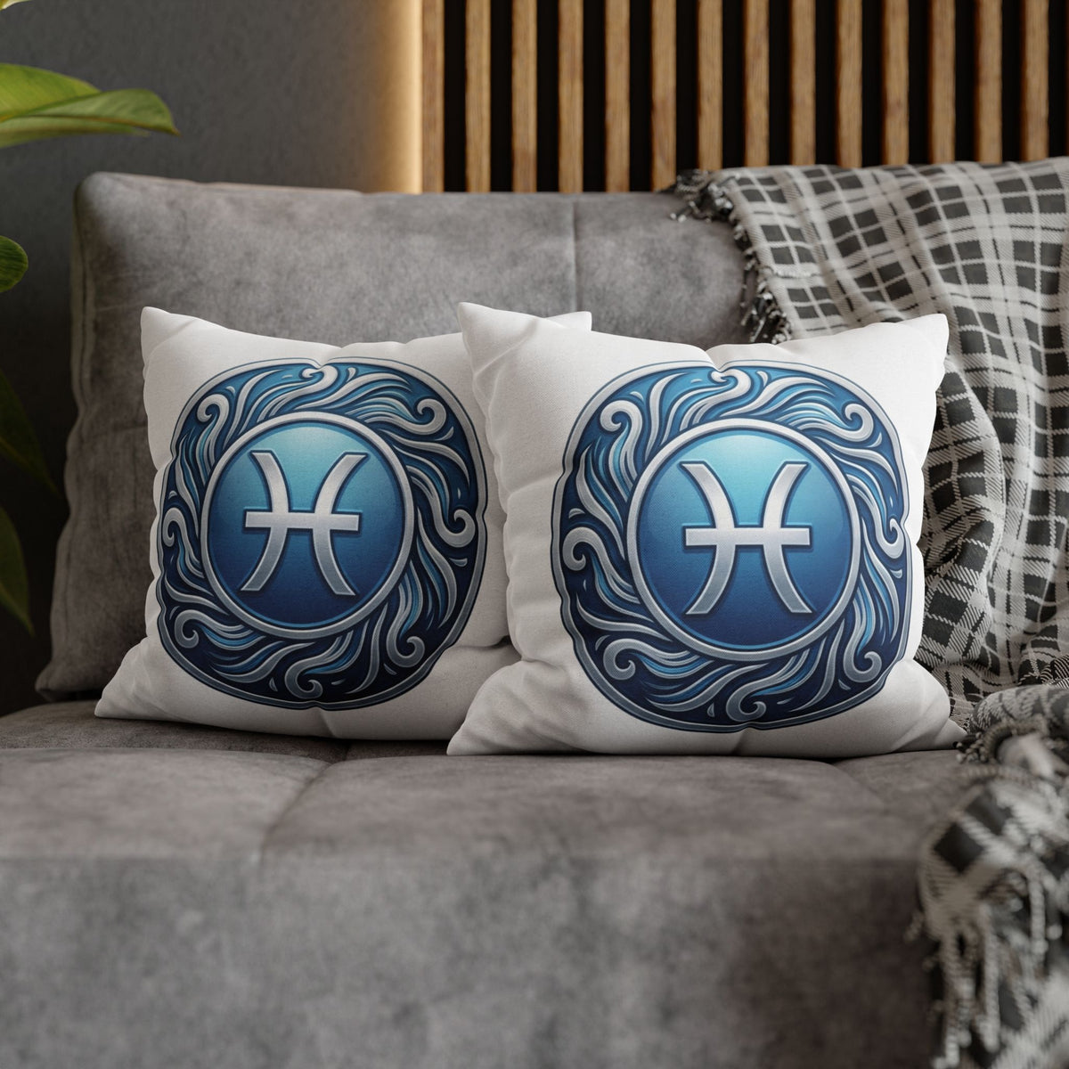 Pisces Zodiac Pillow Cover — Blue Astrological Symbol Decorative Throw Pillowcase