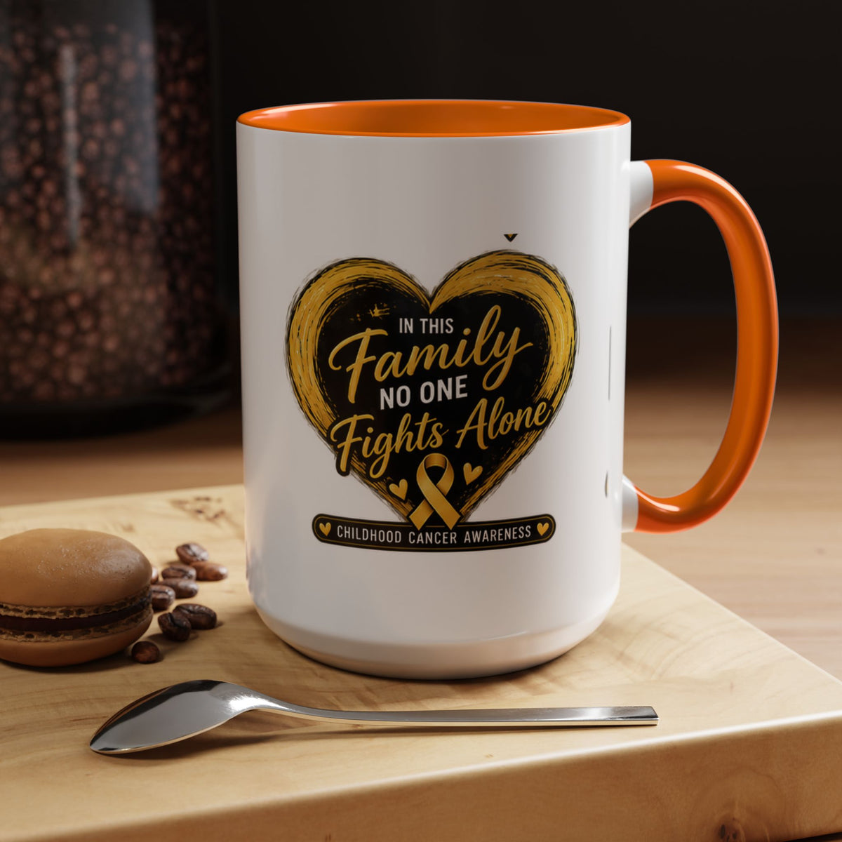 Childhood Cancer Awareness Accent Coffee Mug — "In This Family No One Fights Alone"