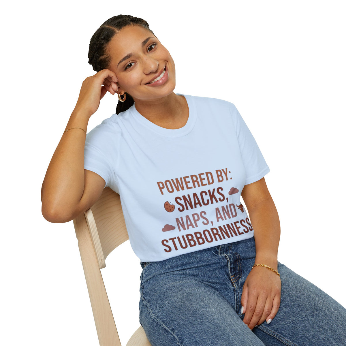 Powered By: Snacks, Naps & Stubbornness T-Shirt — Funny Casual Graphic Tee
