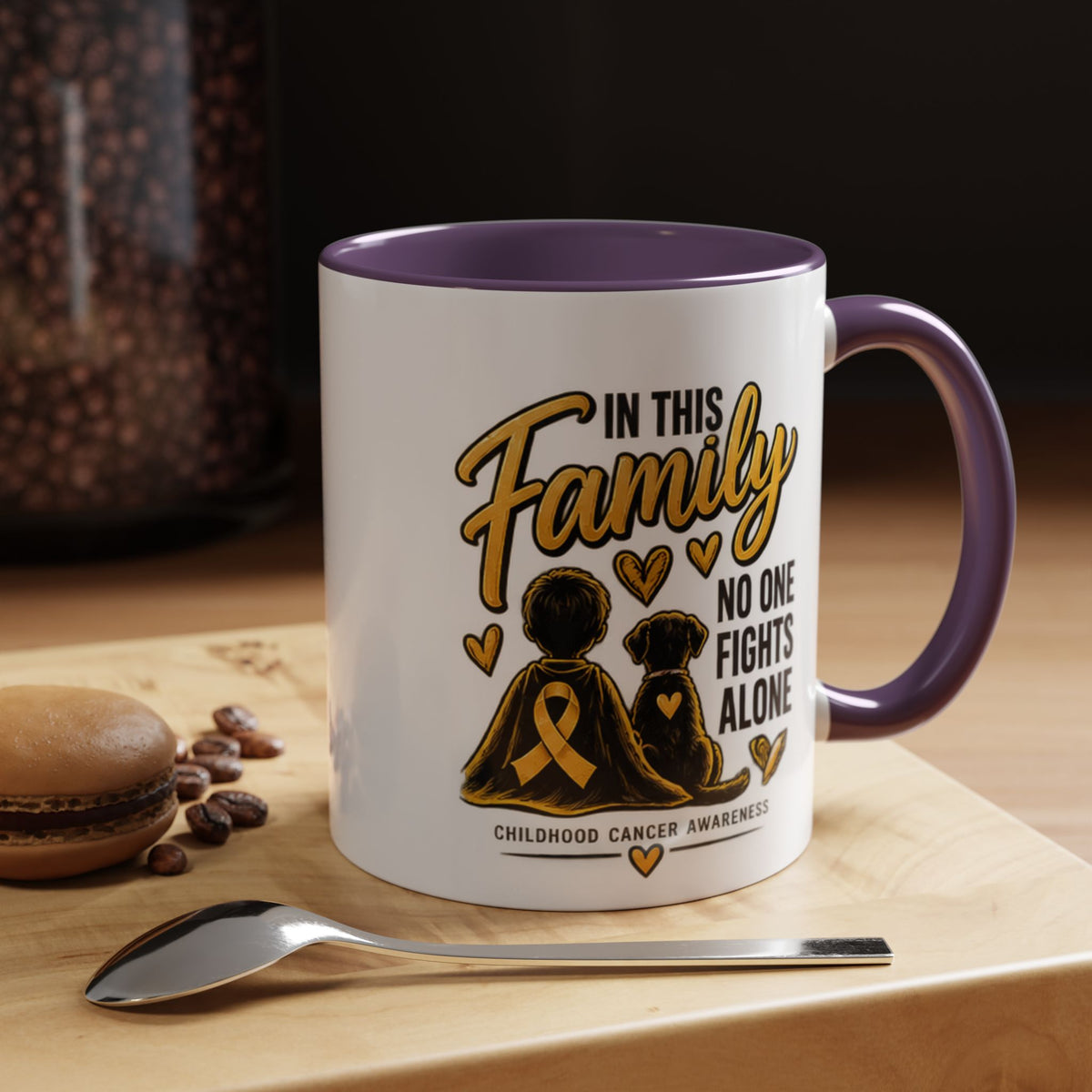 Childhood Cancer Awareness Coffee Mug — "In This Family No One Fights Alone"