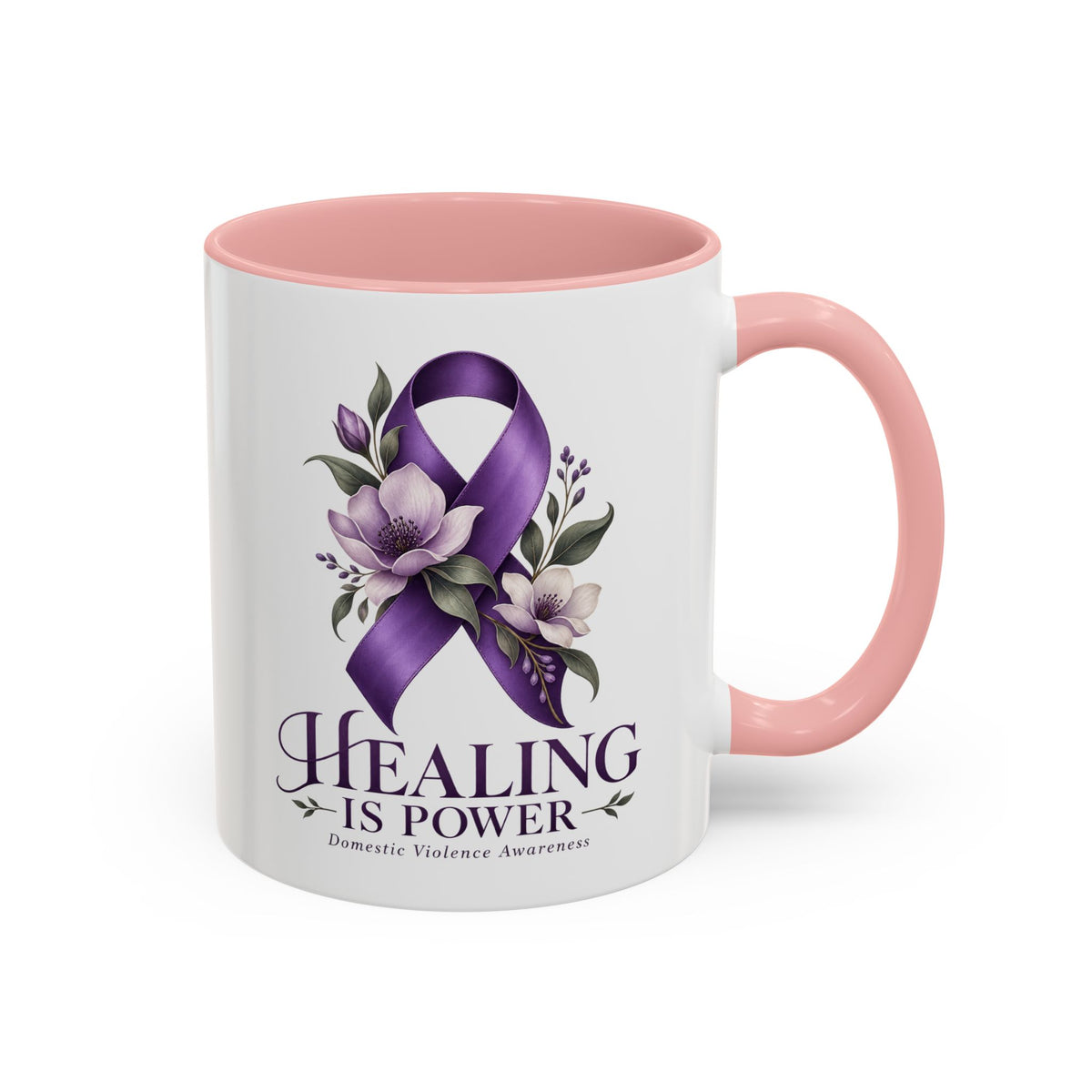 Healing Is Power Purple Ribbon Coffee Mug — Domestic Violence Awareness Accent Mug (11/15oz)