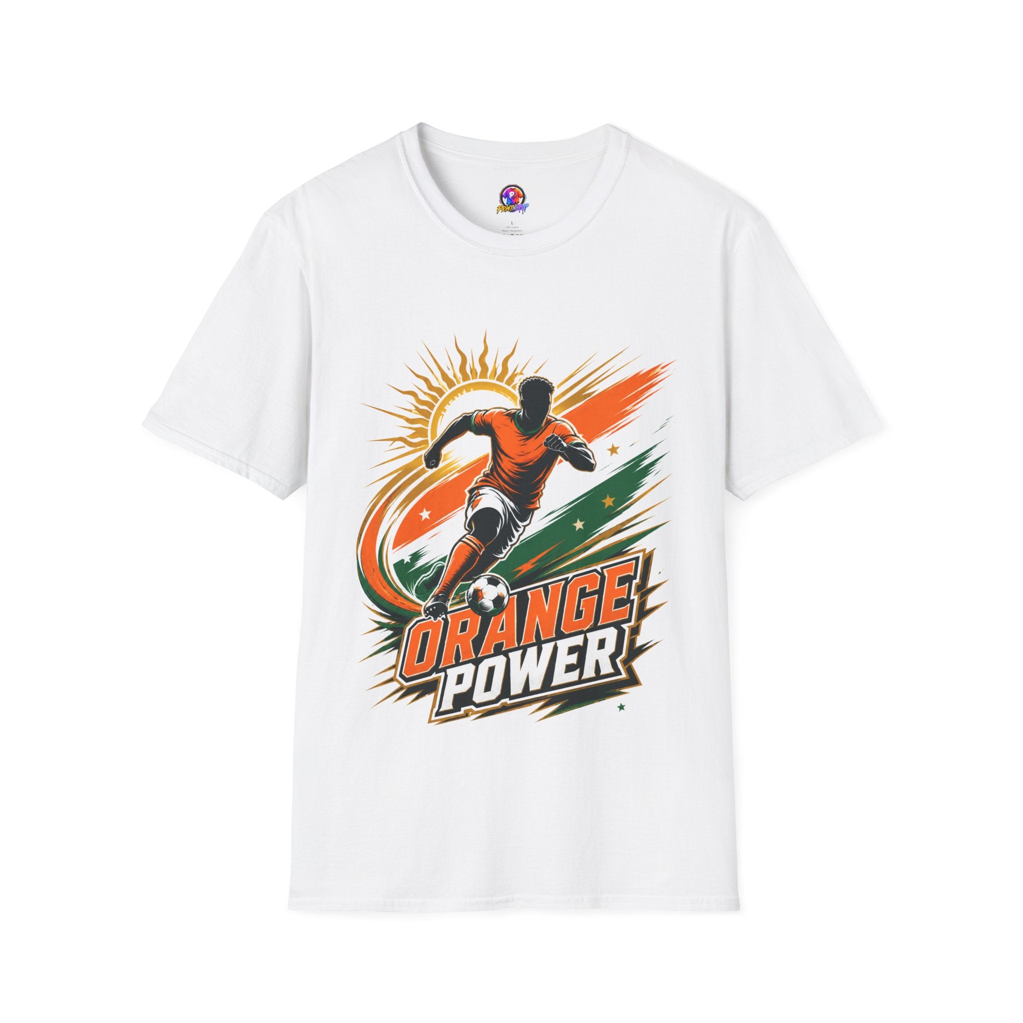 Côte d'Ivoire Orange Power Soccer T-Shirt — Dynamic Player Graphic Tee