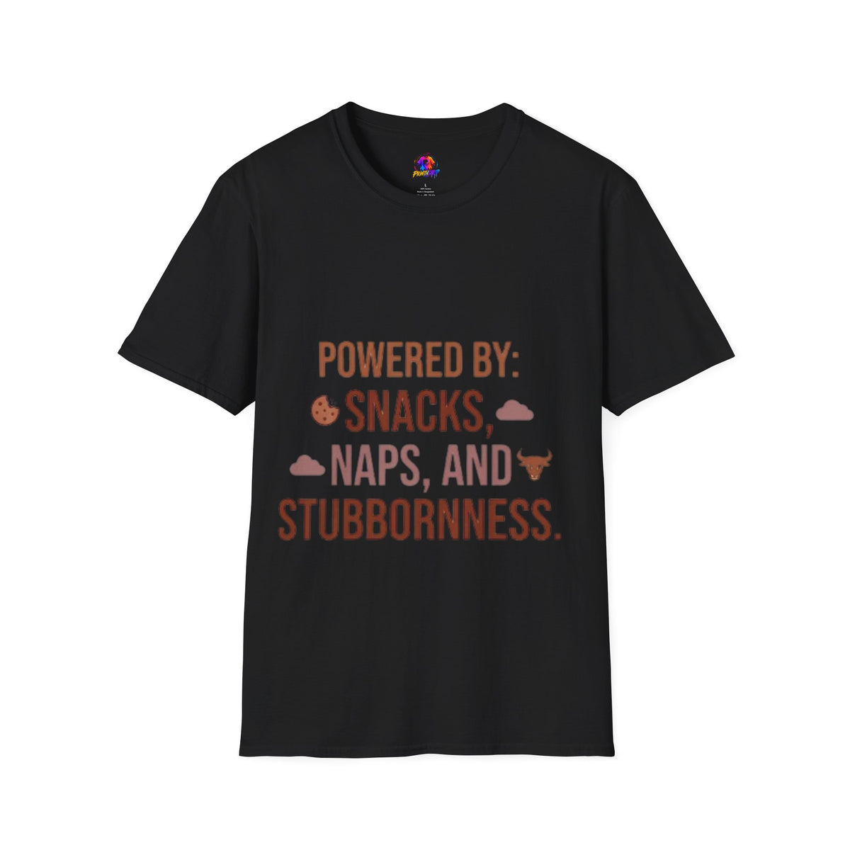 Taurus  Powered By: Snacks, Naps & Stubbornness T-Shirt — Funny Cozy Casual Tee