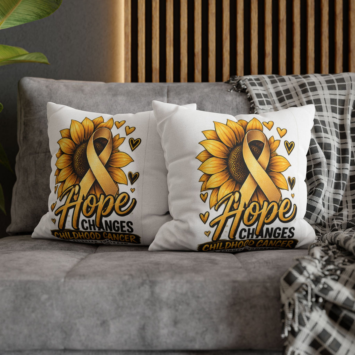 Childhood Cancer Awareness Pillow — "Hope Changes Childhood Cancer" Sunflower Ribbon Cushion