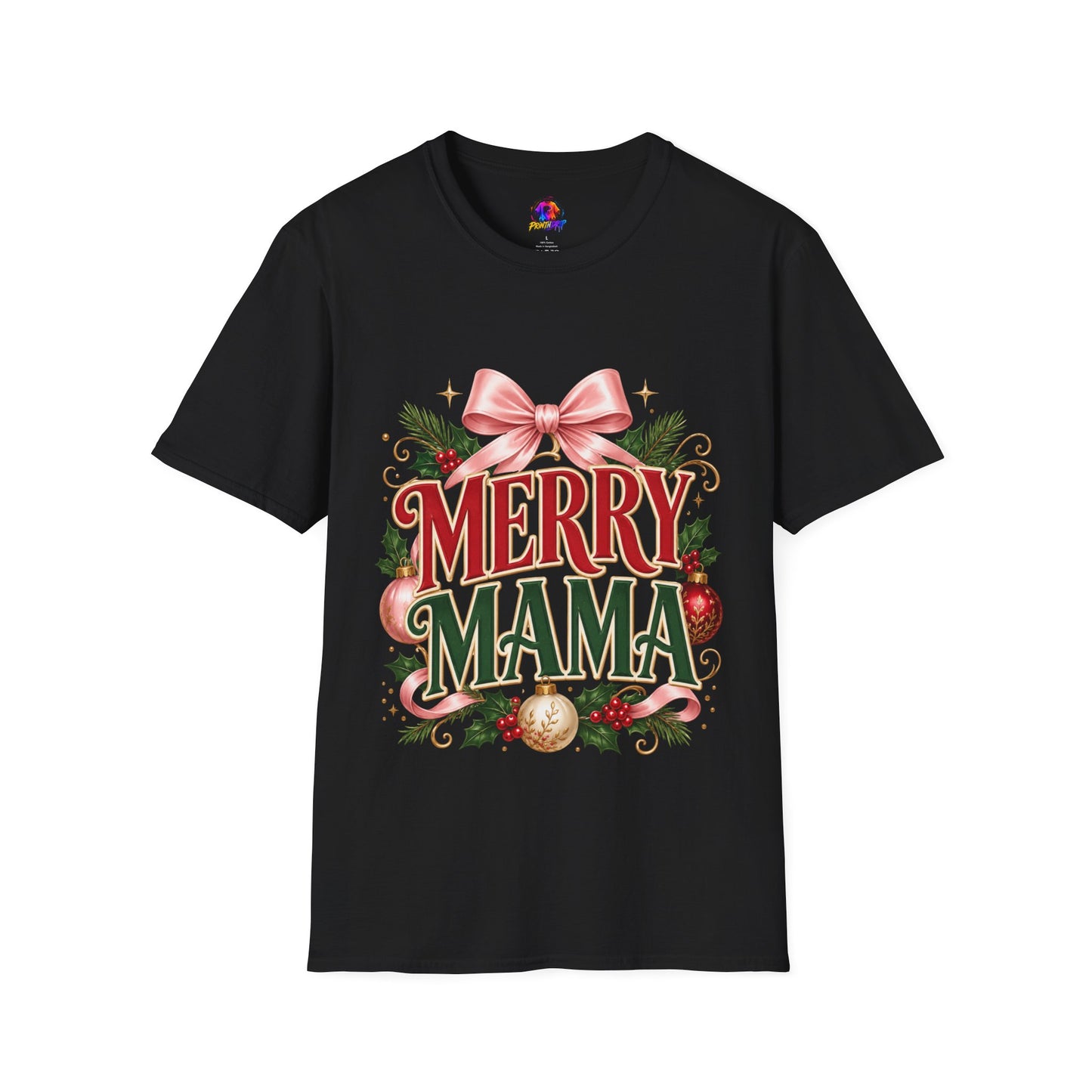 Merry Mama Christmas T-Shirt — Festive Bow & Holiday Greenery Tee