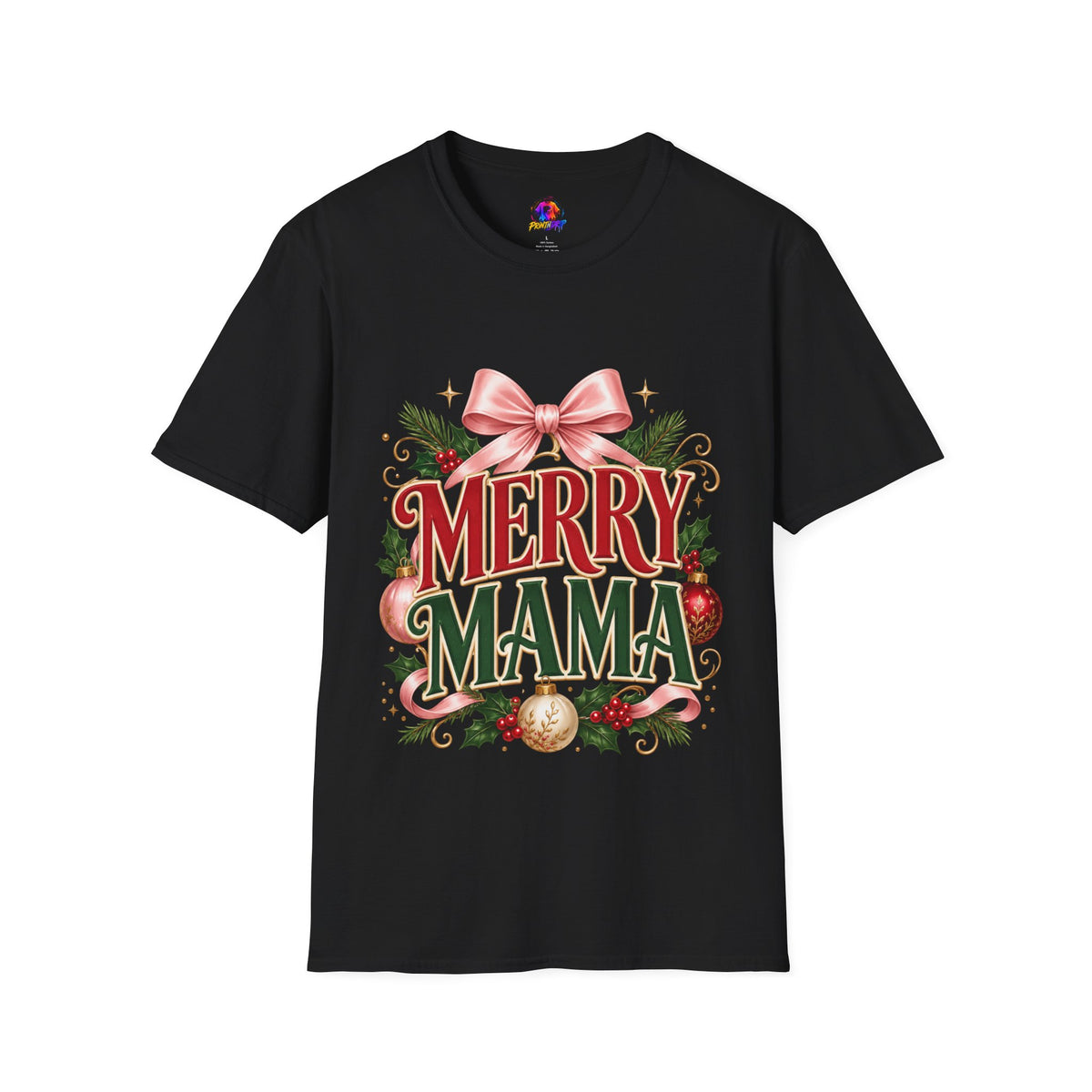 Merry Mama Christmas T-Shirt — Festive Bow & Holiday Greenery Tee