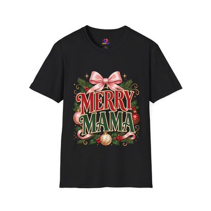 Merry Mama Christmas T-Shirt — Festive Bow & Holiday Greenery Tee