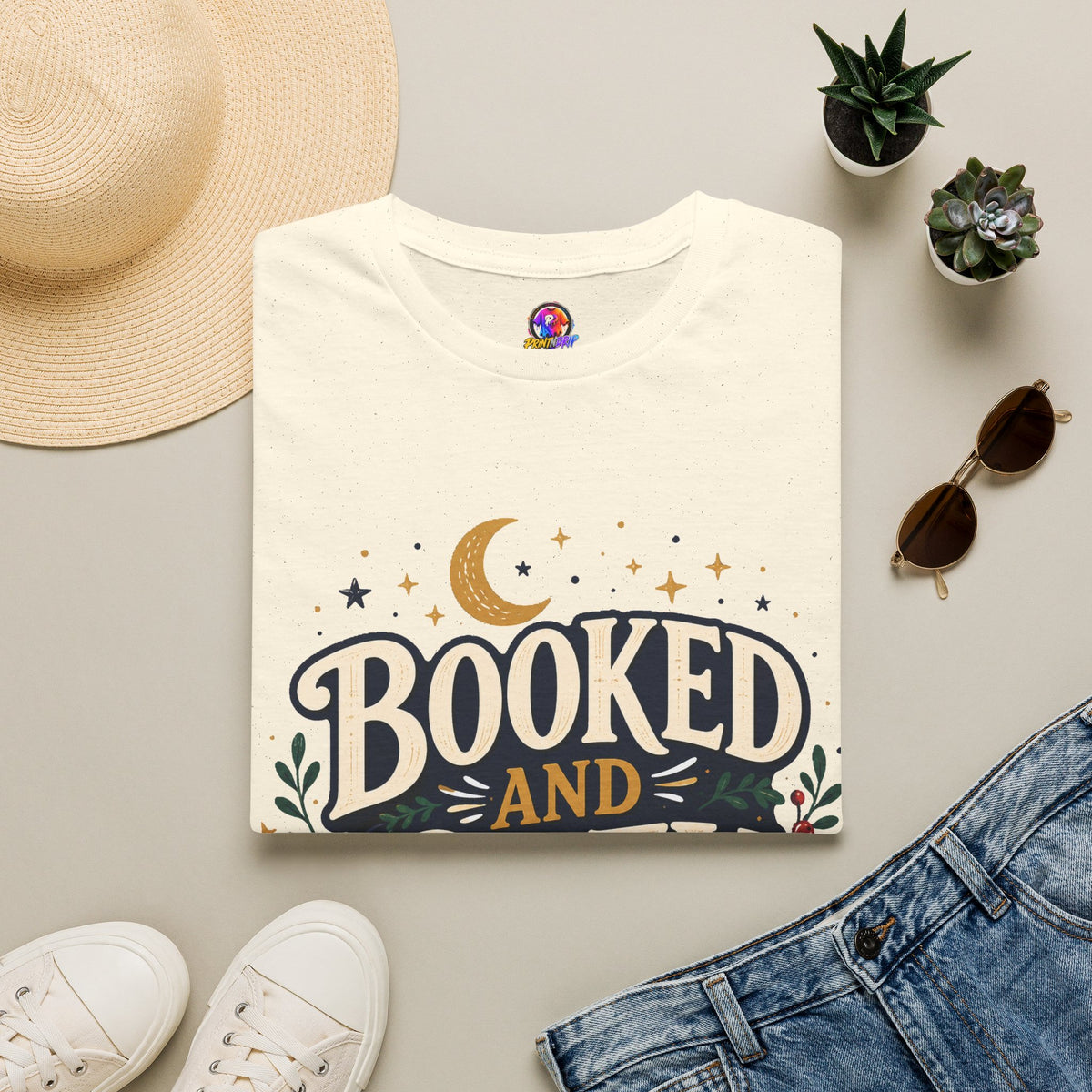 Booked and Cozy T-Shirt — Cozy Reading Graphic Tee (Books, Moon & Stars)