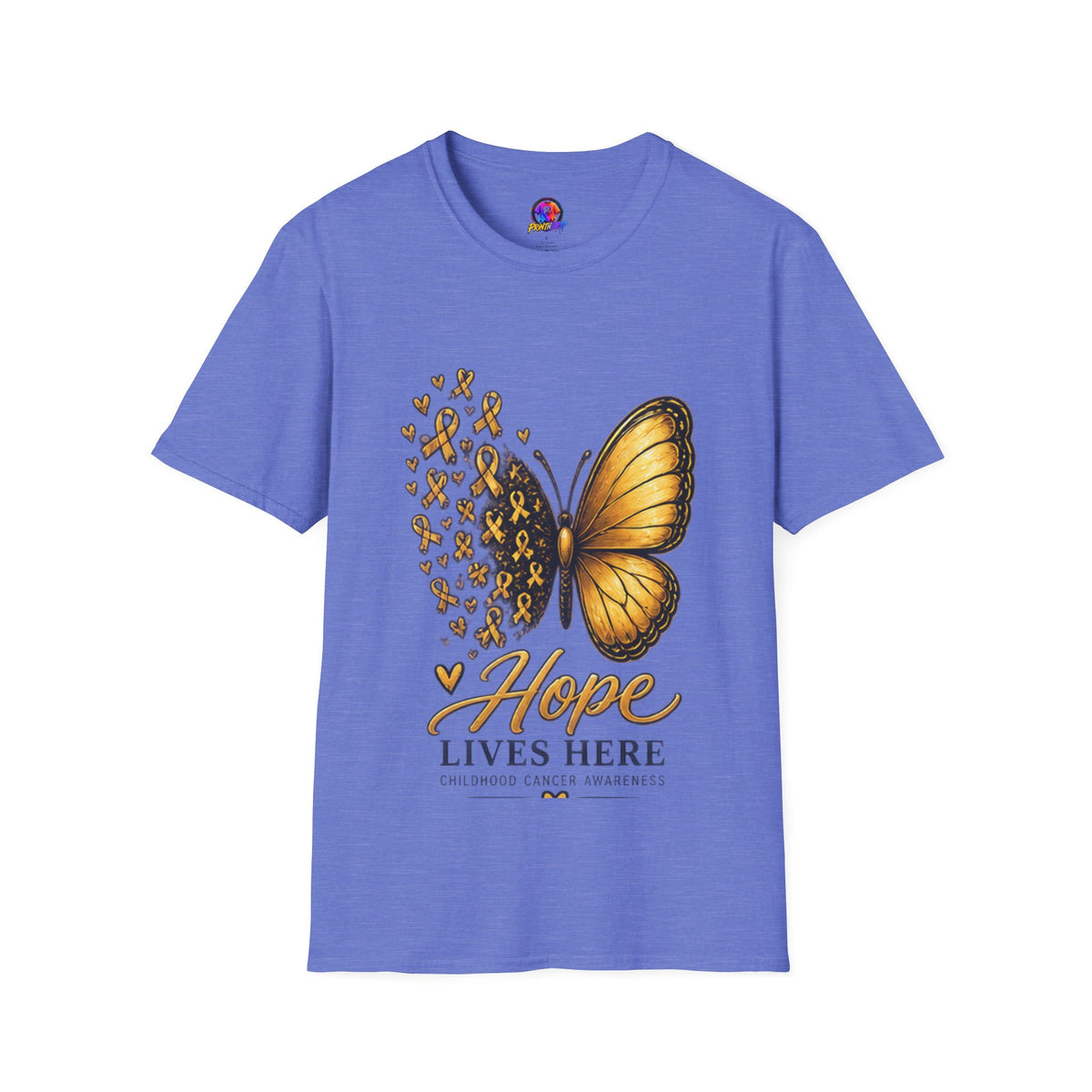 Hope Lives Here Gold Ribbon Butterfly Childhood Cancer Awareness T-Shirt