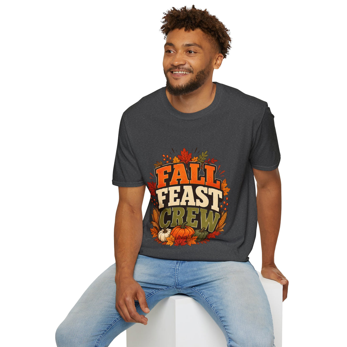 Thanksgiving T-Shirt Fall Feast Crew T-Shirt — Thanksgiving Pumpkin & Leaves Graphic Tee