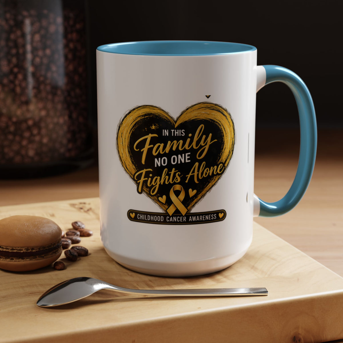 Childhood Cancer Awareness Accent Coffee Mug — "In This Family No One Fights Alone"