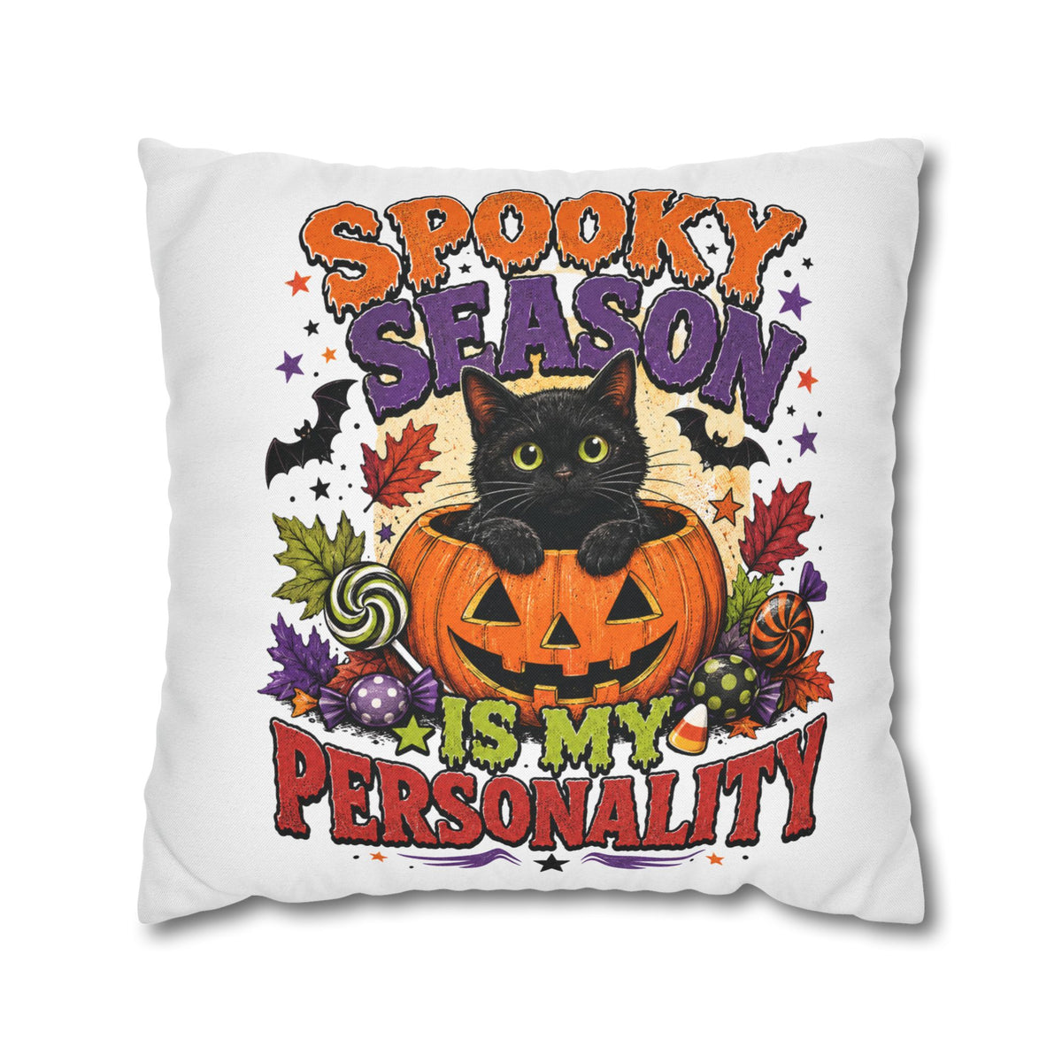 Halloween Pillowcase — "Spooky Season Is My Personality" Black Cat & Pumpkin Decorative Pillow Cover