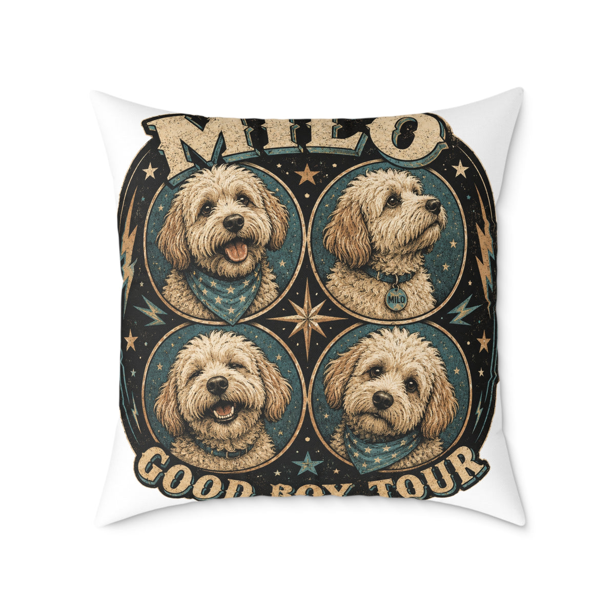 Personalized Dog Pillow  Milo Bailey Dog Dad Mom— 'Milo' Retro Pet Portrait Cushion (Good Boy Tour Design)