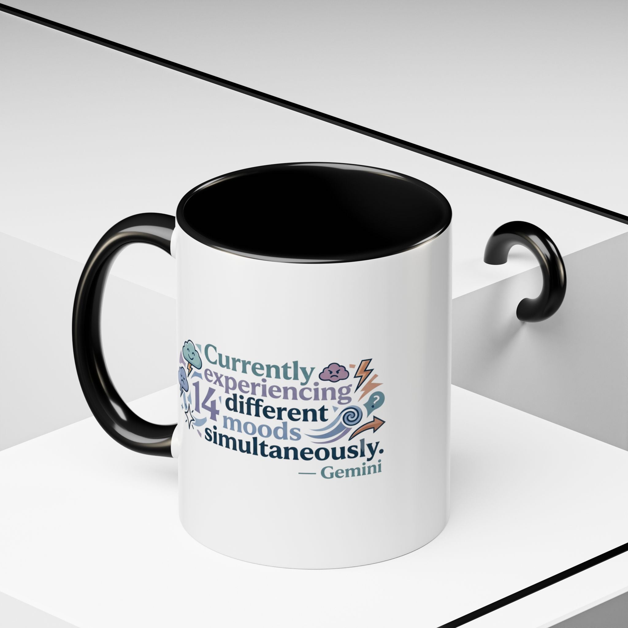 Gemini Mood Coffee Mug — "Currently Experiencing 14 Different Moods" Accent Ceramic Mug
