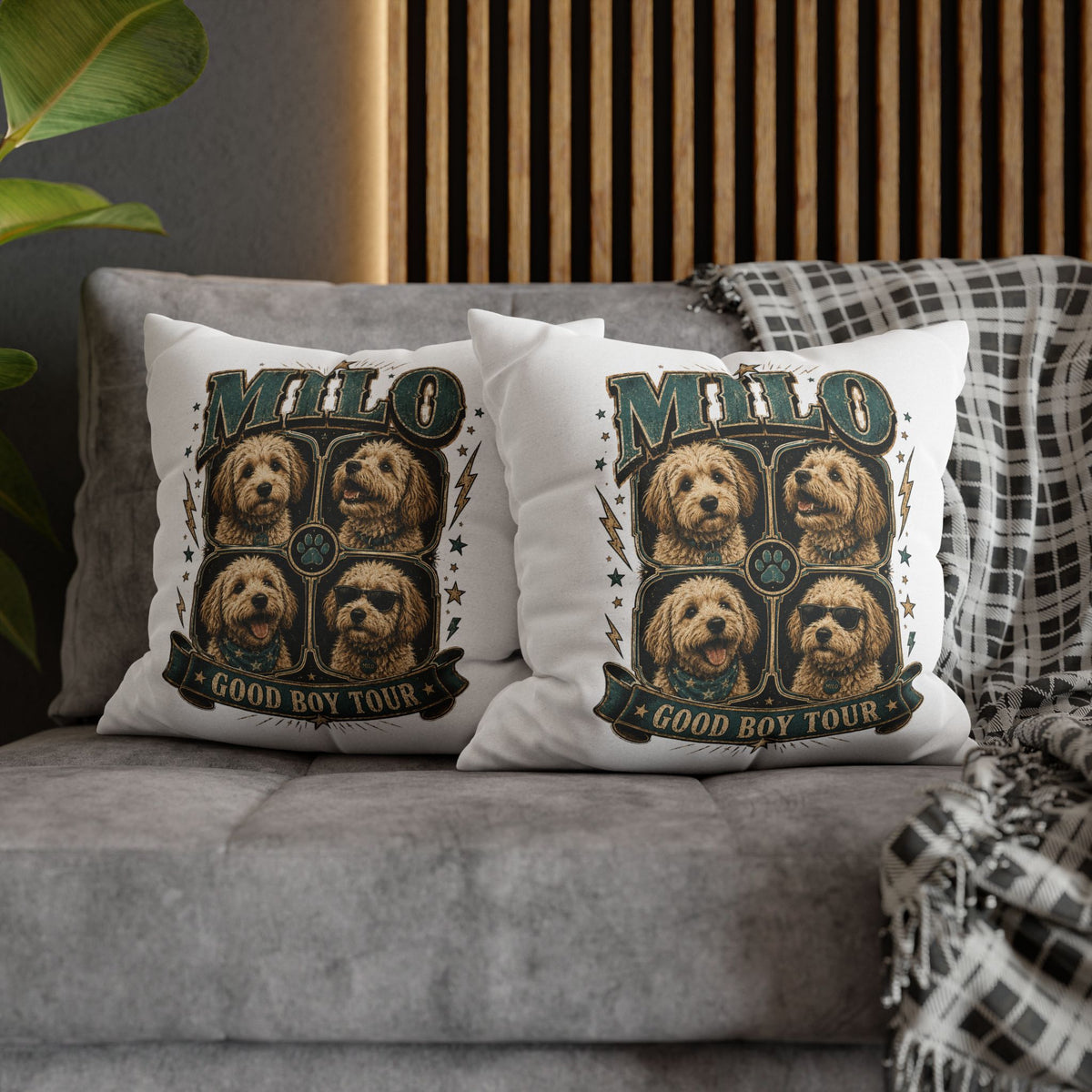 Milo "Good Boy Tour" Decorative Pillowcase — Dog Band Tour Poster Throw Pillowcase Milo Bailey Dog Dad Mom