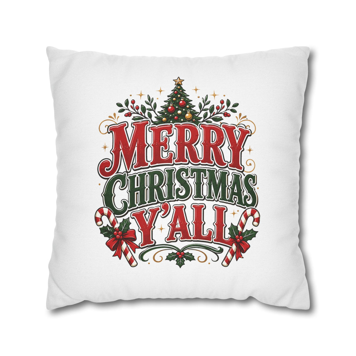 Christmas Square Pillowcase — Merry Christmas Y'all Holiday Decorative Pillow