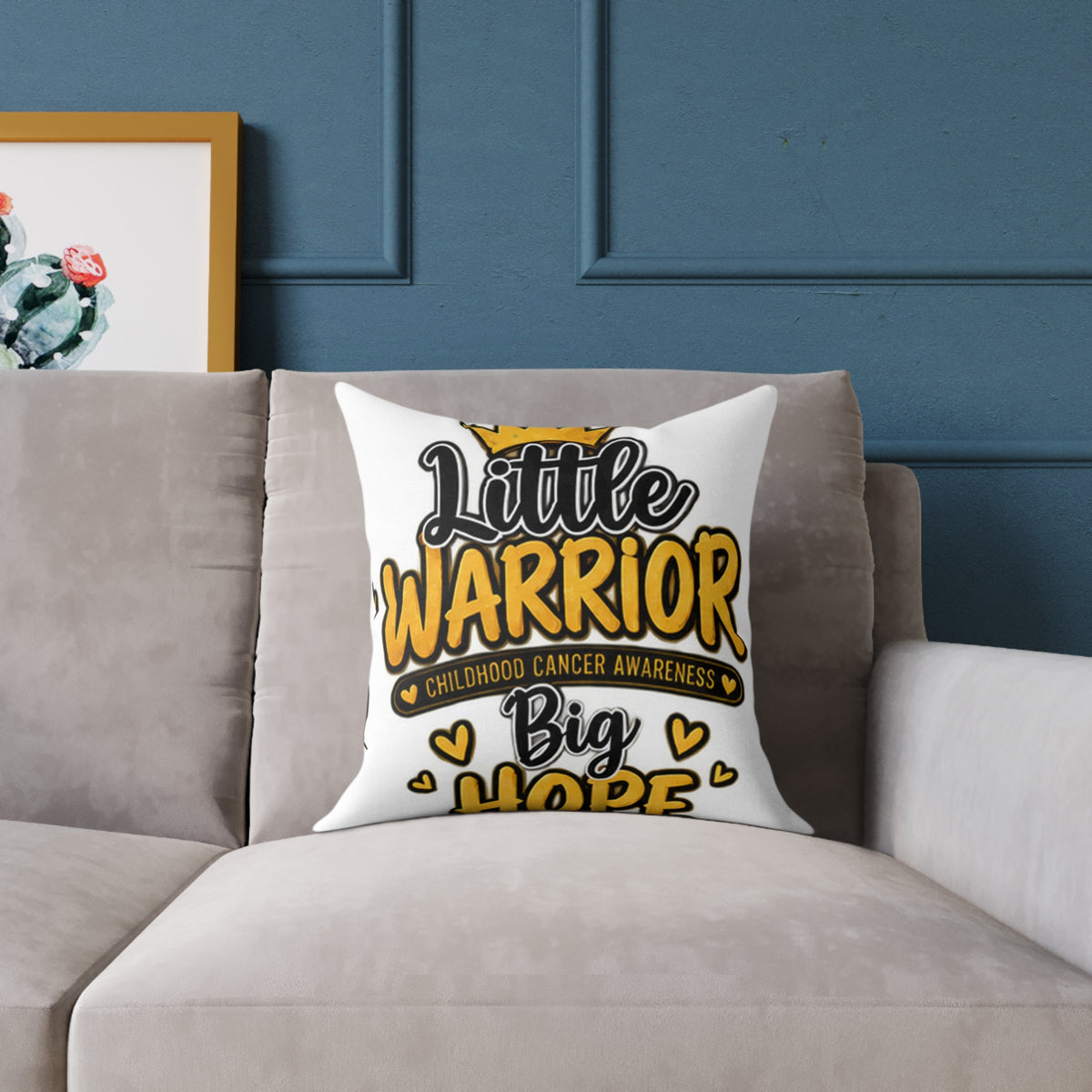 Little Warrior Childhood Cancer Awareness Pillow — Square Poly Canvas Throw Pillow