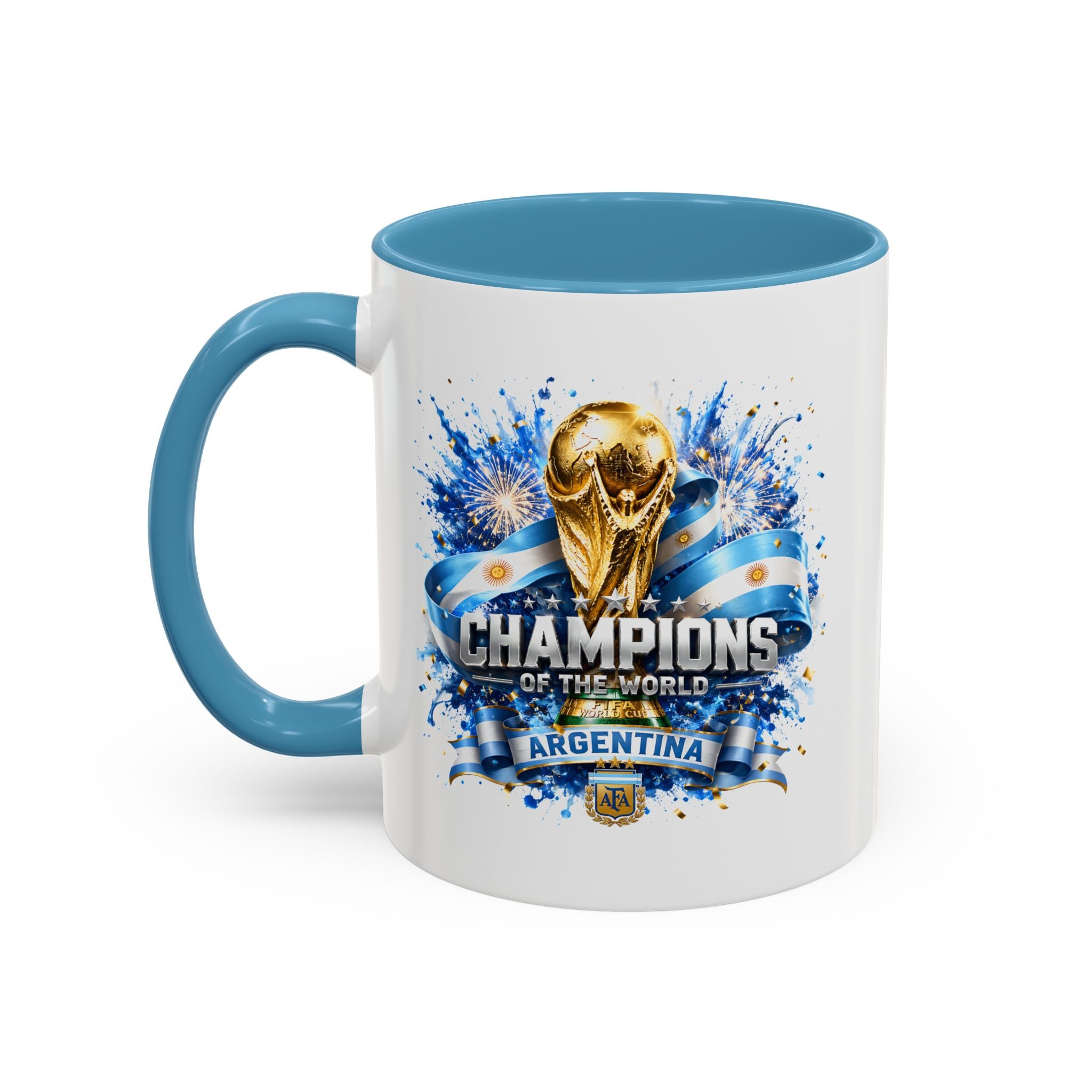 Argentina World Champions Coffee Mug — 'Champions of the World' Soccer Trophy Design