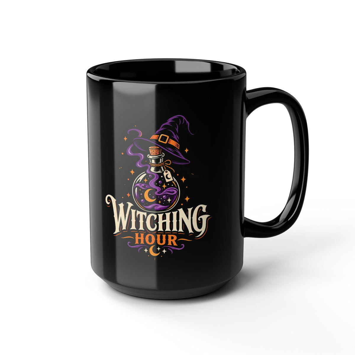 Witching Hour Black Mug — Spooky Halloween Witch Hat & Potion Coffee Cup (11oz/15oz)