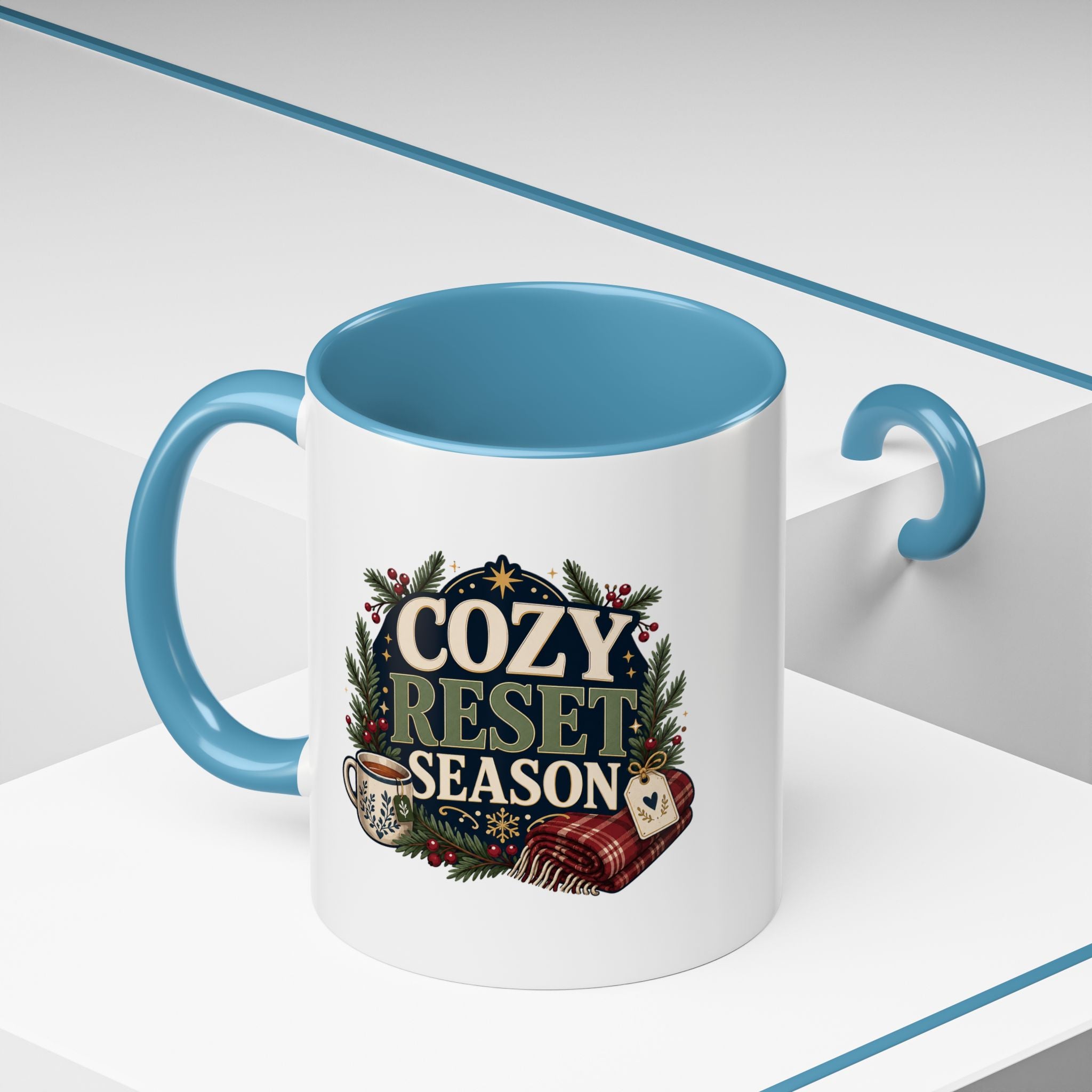 Modern Day Christmas Cozy Reset Season Mug — Holiday Coffee Cup with Blanket & Tea Tag Design