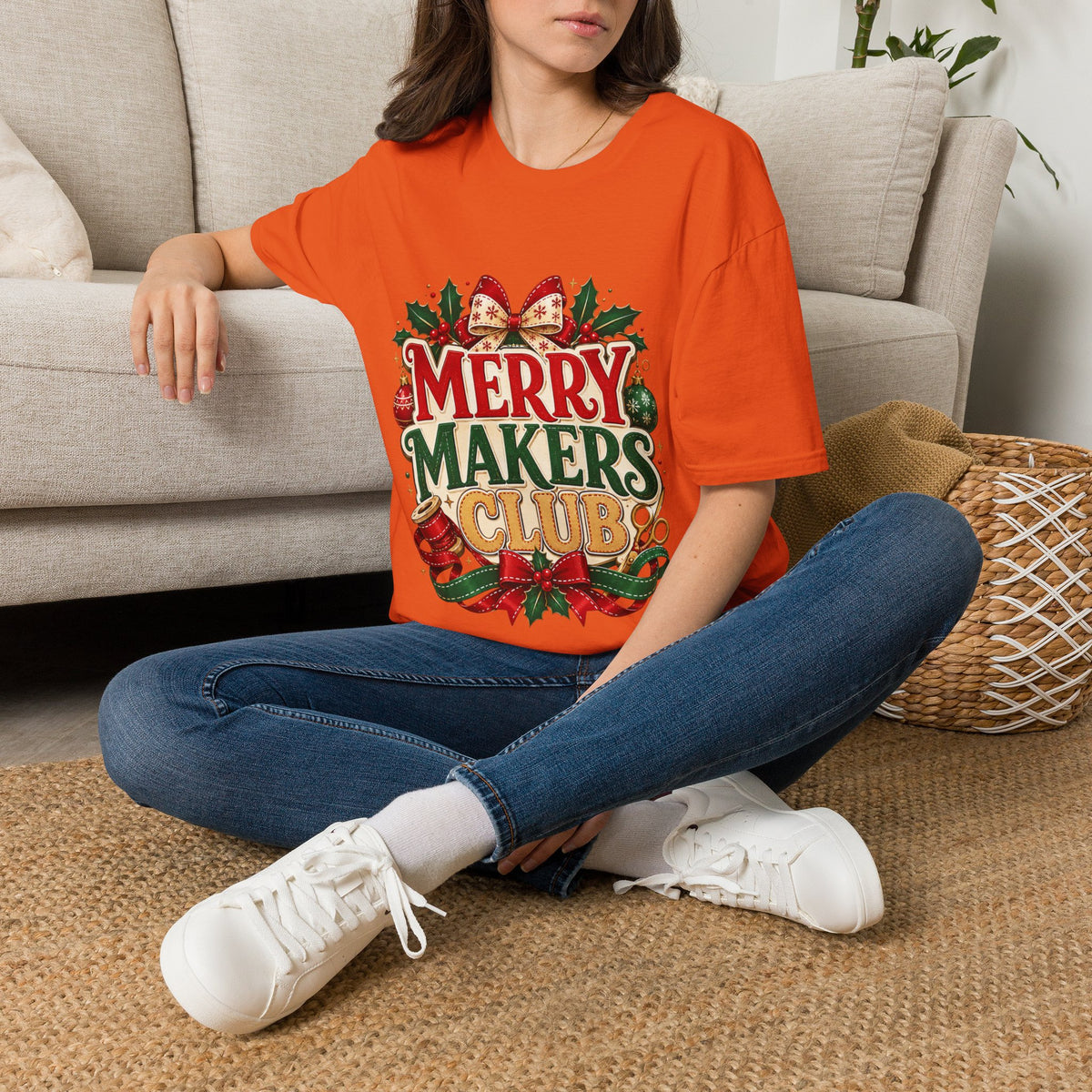 Merry Makers Club T-Shirt — Festive Christmas Holiday Tee with Holly & Bow
