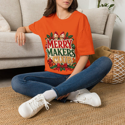 Merry Makers Club T-Shirt — Festive Christmas Holiday Tee with Holly & Bow