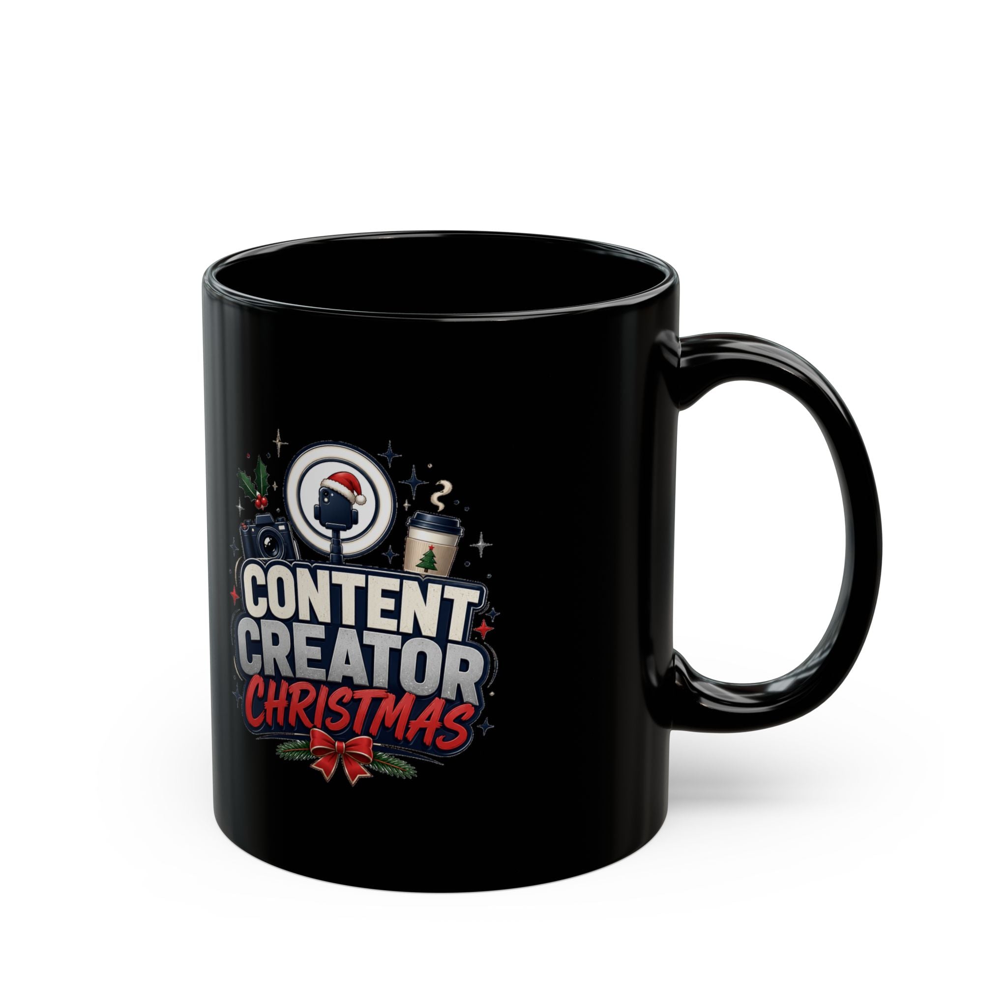 Modern Day Christmas Content Creator Christmas Mug — Black Holiday Coffee Cup for Social Media Creators