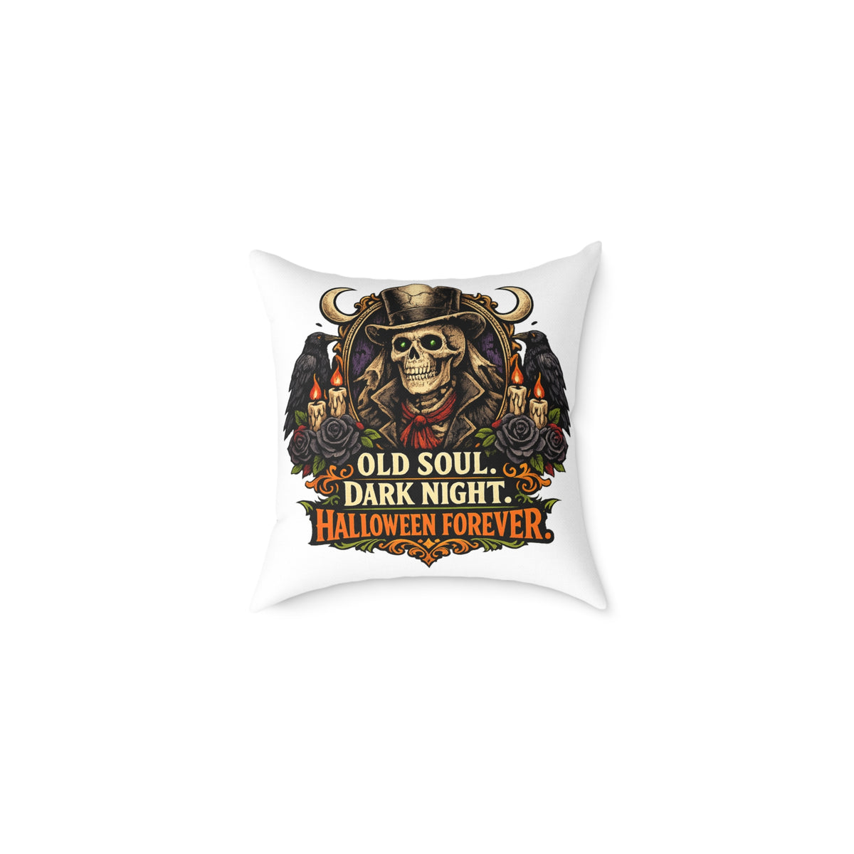 Halloween Skeleton Pillow - "Old Soul, Dark Night. Halloween Forever" Square Decorative Cushion