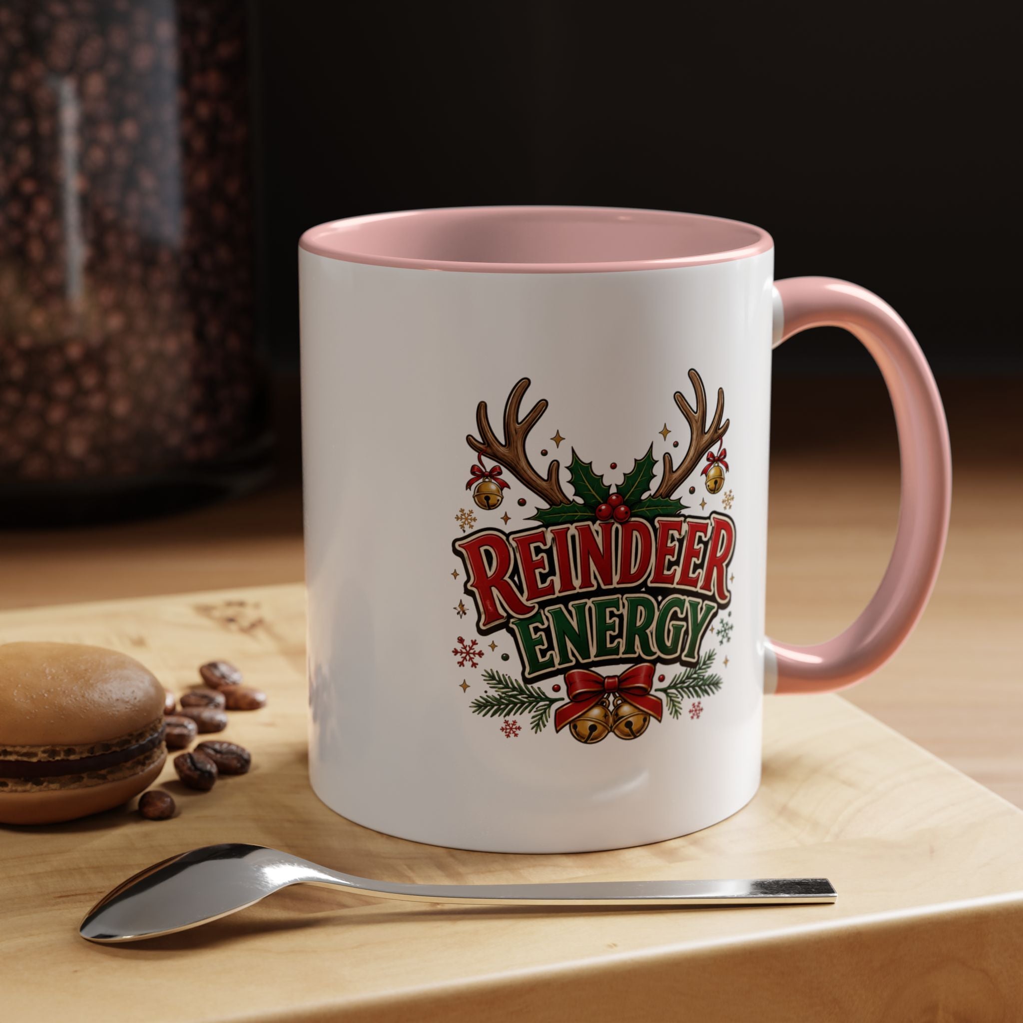 Reindeer Energy Coffee Mug – Holiday Christmas Antlers & Bells Accent Mug