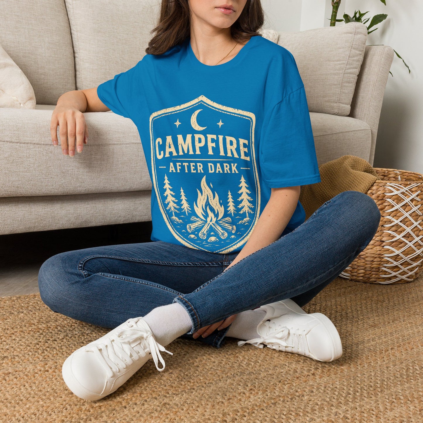 Campfire After Dark T-Shirt — Retro Camping Badge Tee for Outdoor Lovers