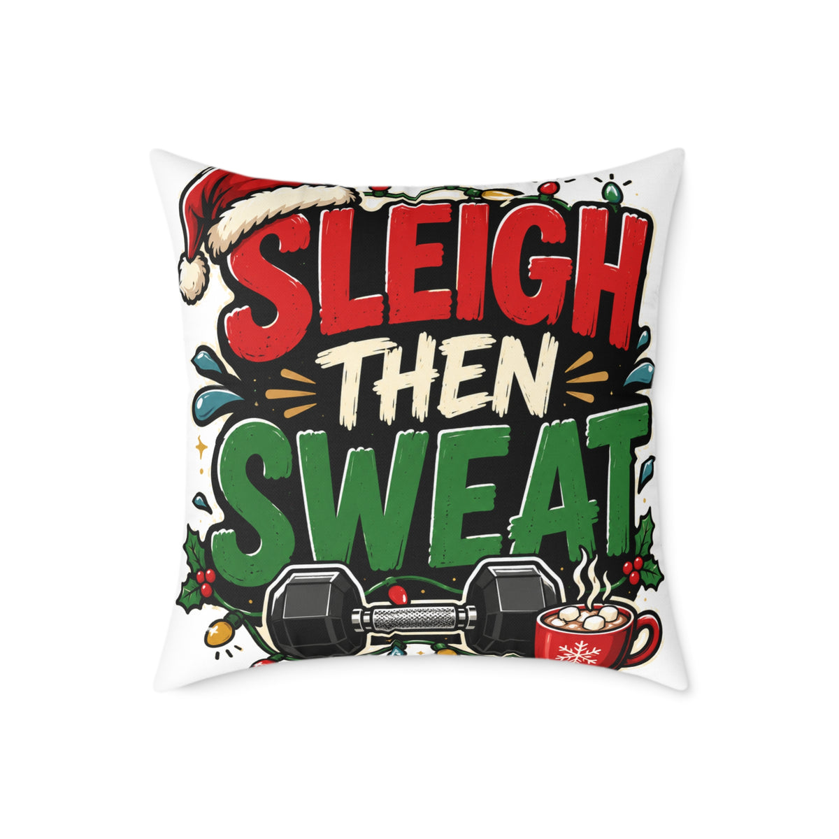 Modern Day Christmas Fitness Pillow — "Sleigh Then Sweat" Holiday Gym Throw Pillow
