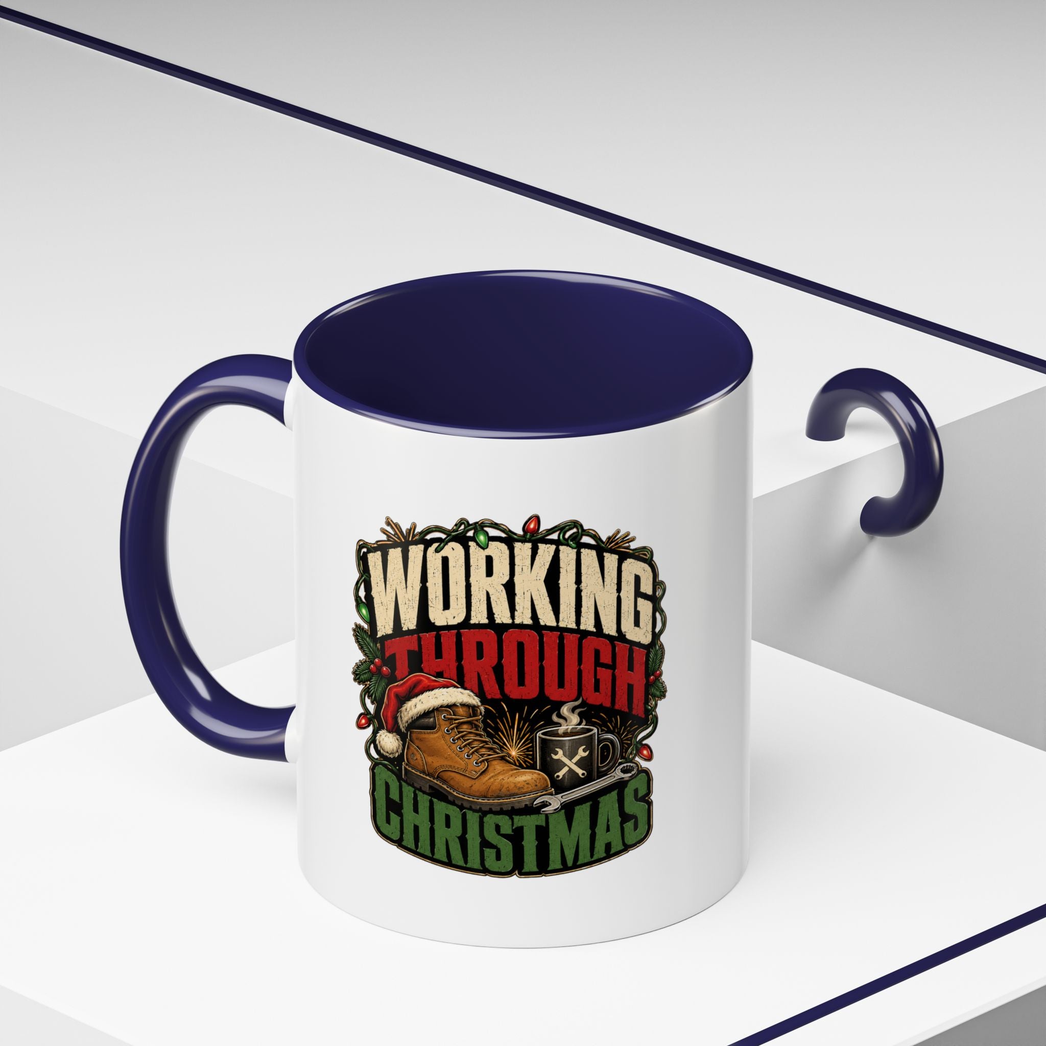 Modern Day Christmas Working Through Christmas Coffee Mug — Funny Holiday Work & Overtime Gift