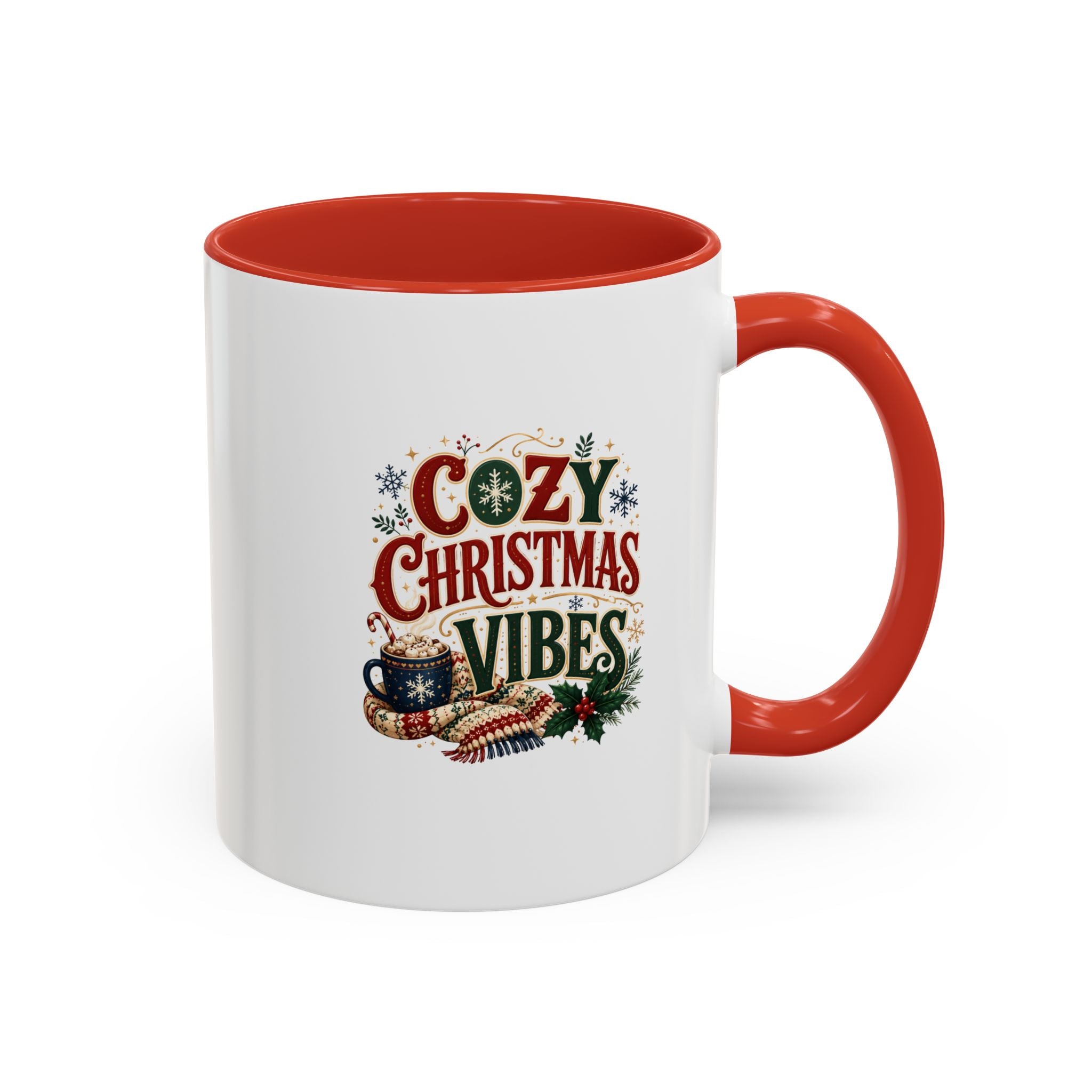 Cozy Christmas Vibes Accent Coffee Mug — Holiday Hot Cocoa Mug