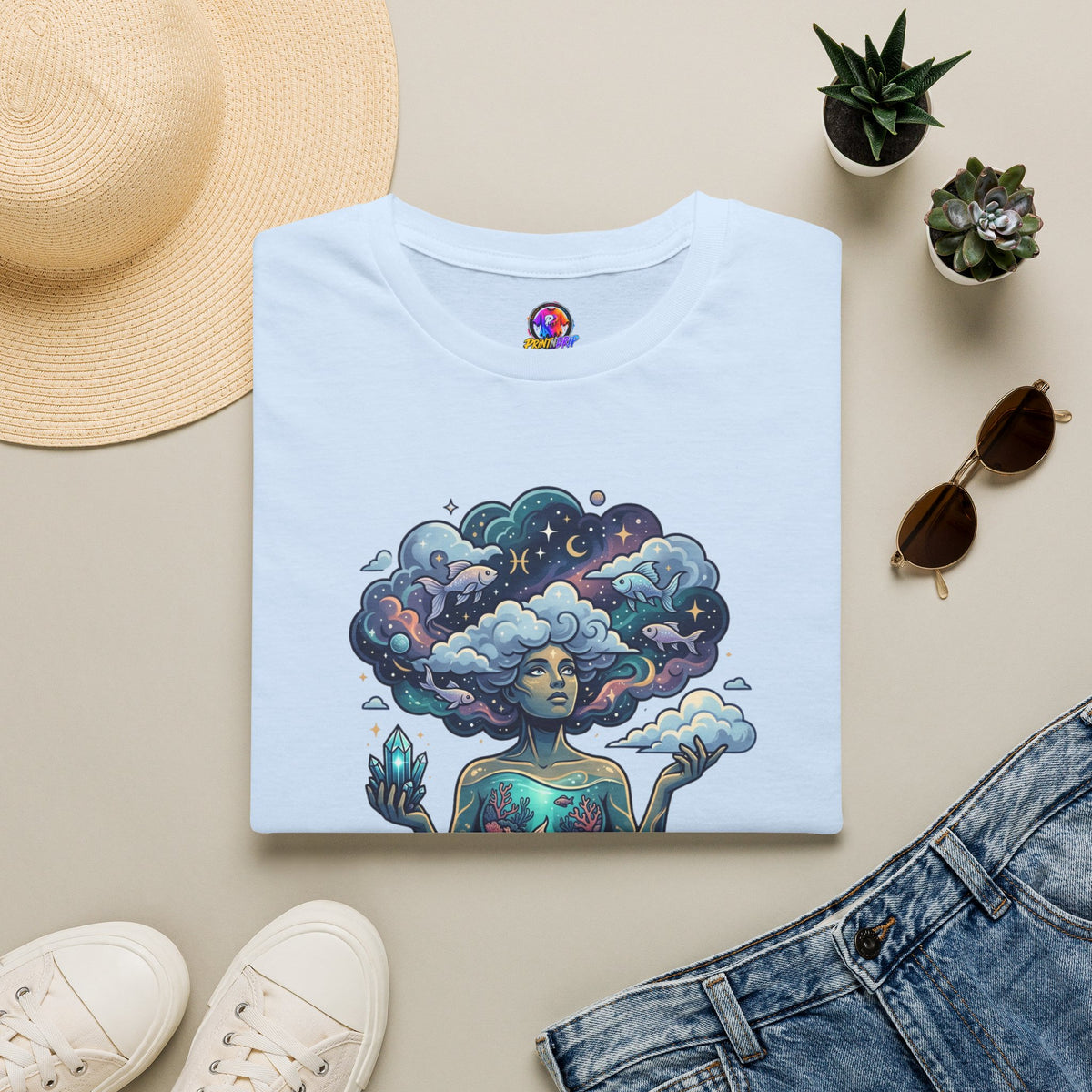 Pisces Zodiac in the Clouds T-Shirt — Dreamy Cosmic Woman Graphic Tee