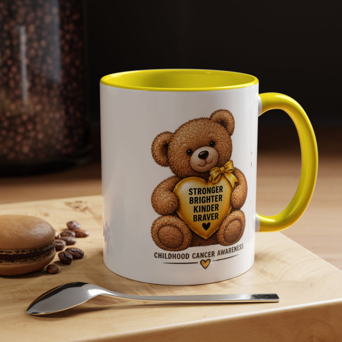 Childhood Cancer Awareness Coffee Mug — 'Stronger Brighter Kinder Braver' Teddy