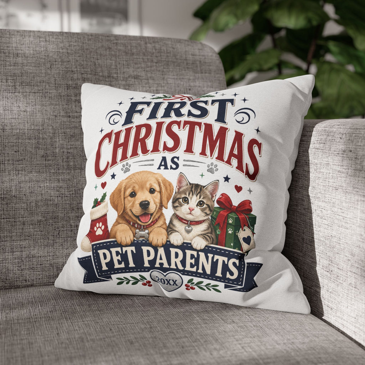 First Christmas as Pet Parents Pillowcase — Dog & Cat Holiday Throw Pillowcase