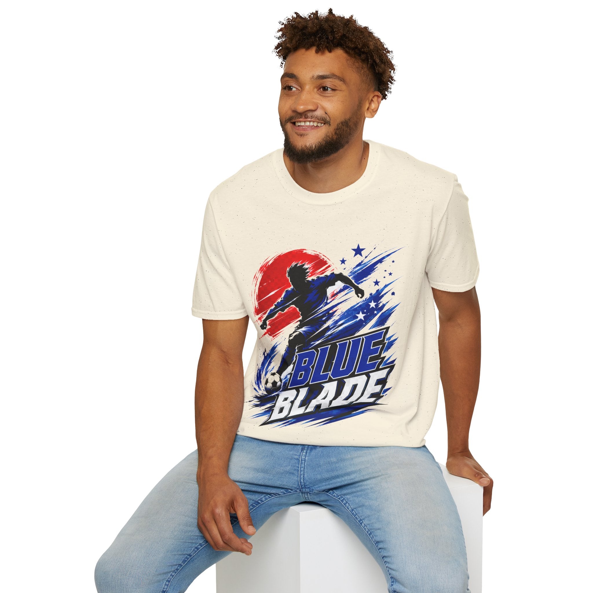 Japan T-Shirt — Blue Blade Soccer Graphic Tee (Red & Blue Starburst)