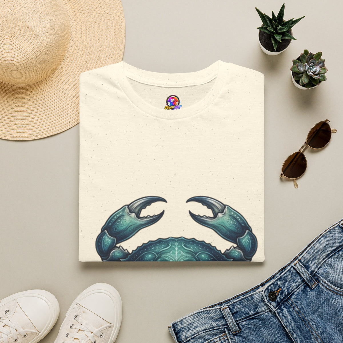 Cancer Zodiac Crabby Coastal Tee - Blue Green Crab Graphic T-Shirt