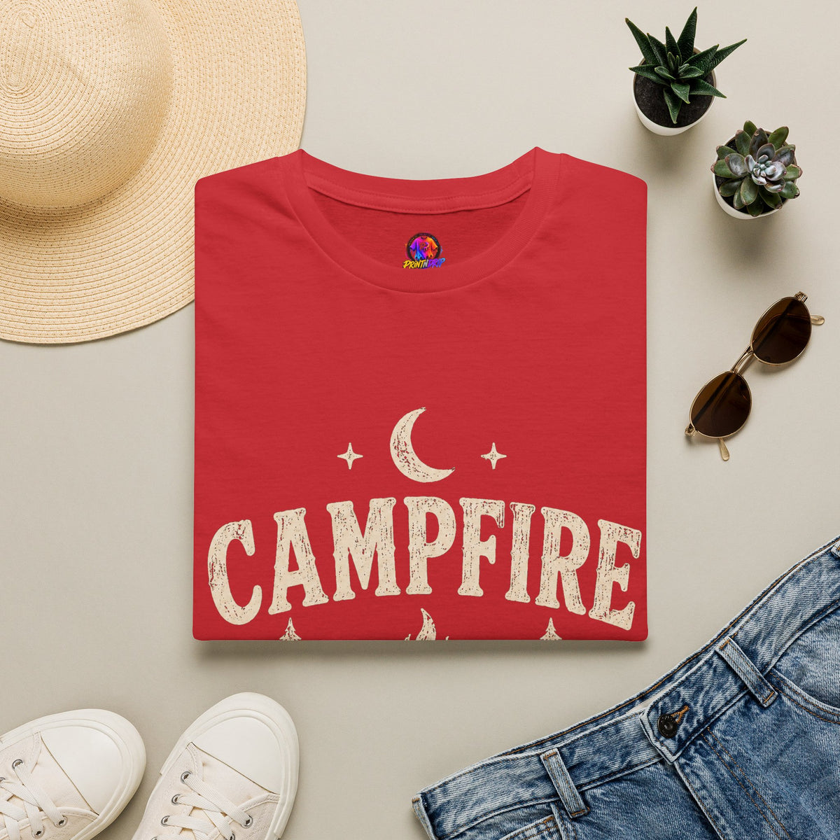Campfire After Dark T-Shirt — Cozy Camping Moon & Trees Graphic