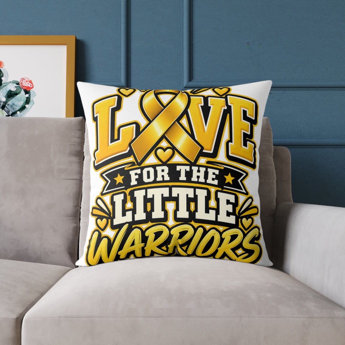 Childhood Cancer Square Pillow - "Love for the Little Warriors" Yellow Ribbon Kids Cancer Awareness Throw Pillow