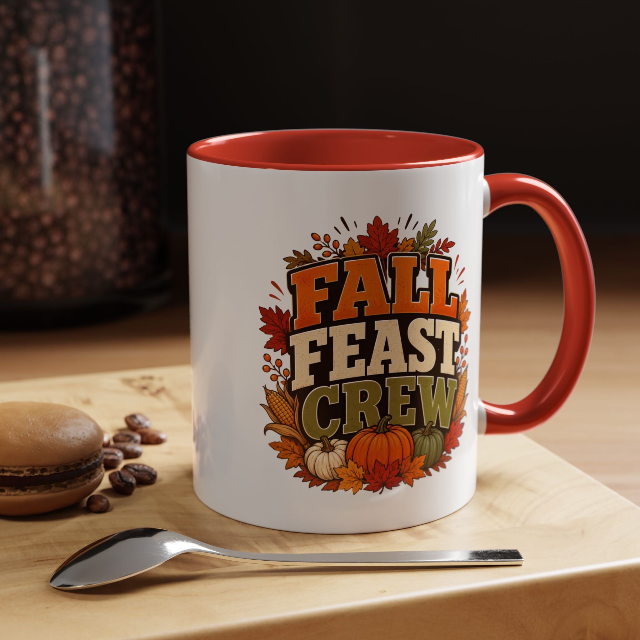 Thanksgiving Mug Fall Feast Crew Coffee Mug — Thanksgiving Pumpkin Autumn Leaves Accent Mug
