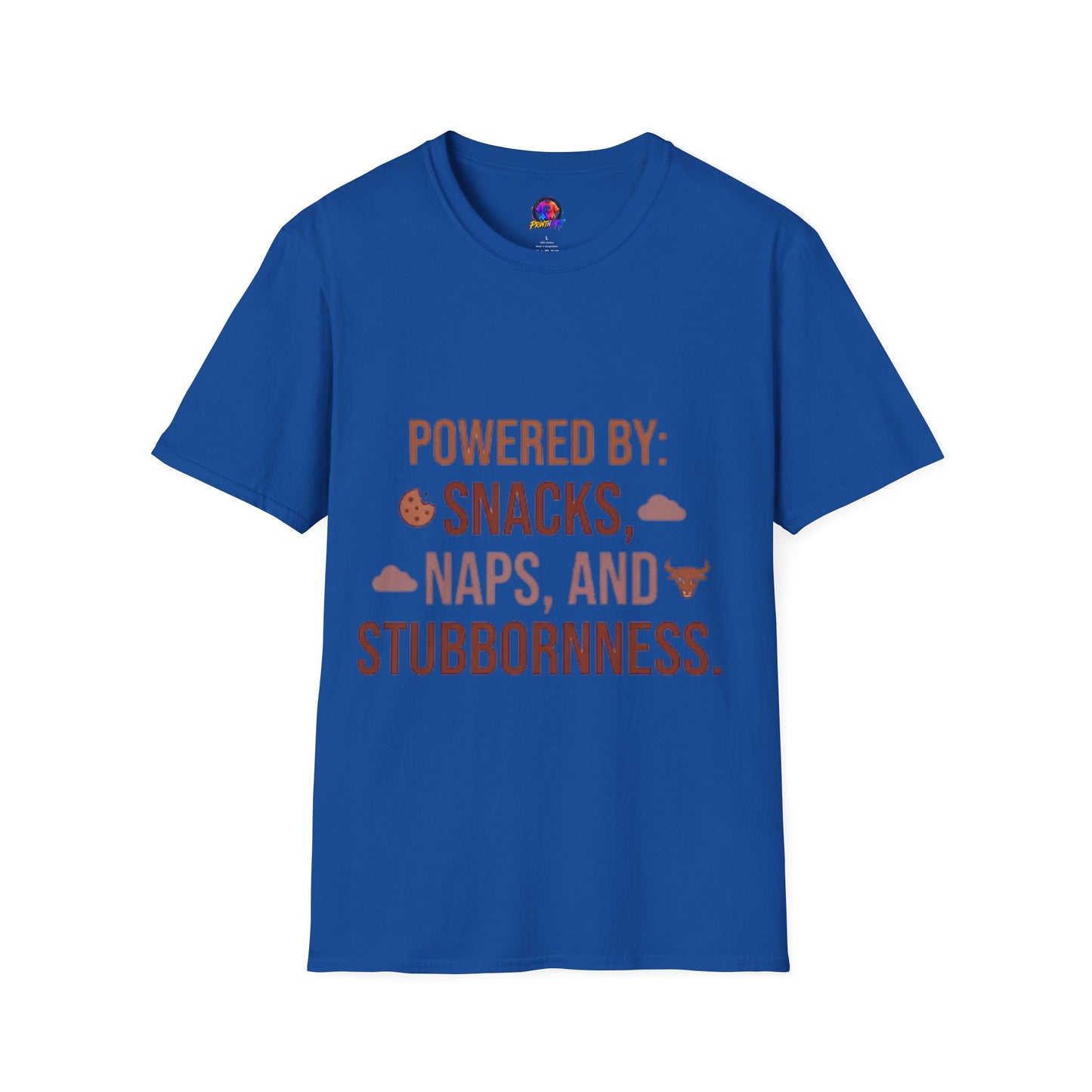 Powered By: Snacks, Naps & Stubbornness T-Shirt — Funny Casual Graphic Tee
