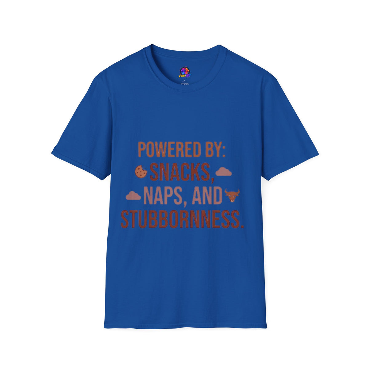 Powered By: Snacks, Naps & Stubbornness T-Shirt — Funny Casual Graphic Tee